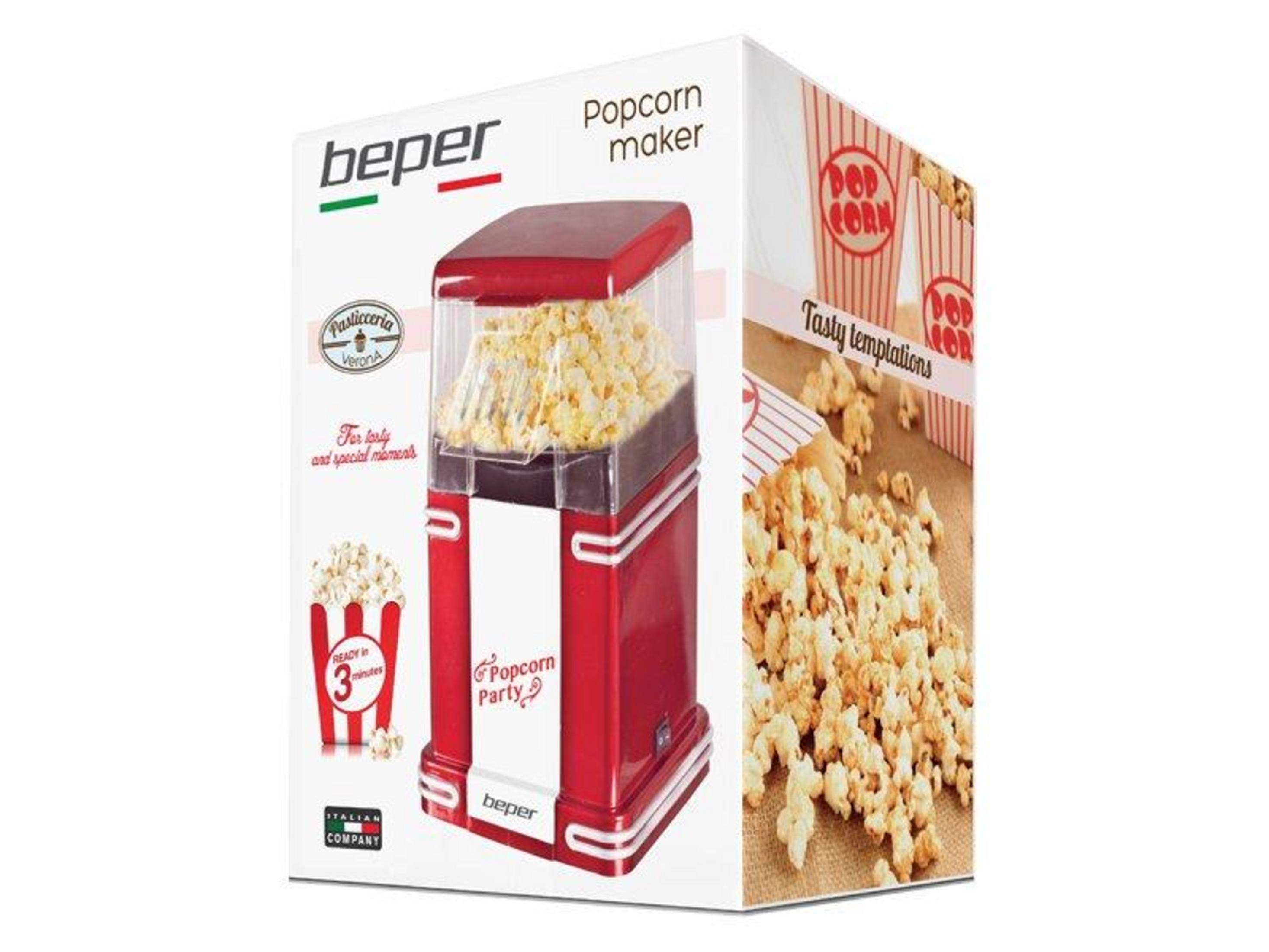 Macchina per popcorn rossa Beper con popcorn freschi, pronta in 3 minuti.