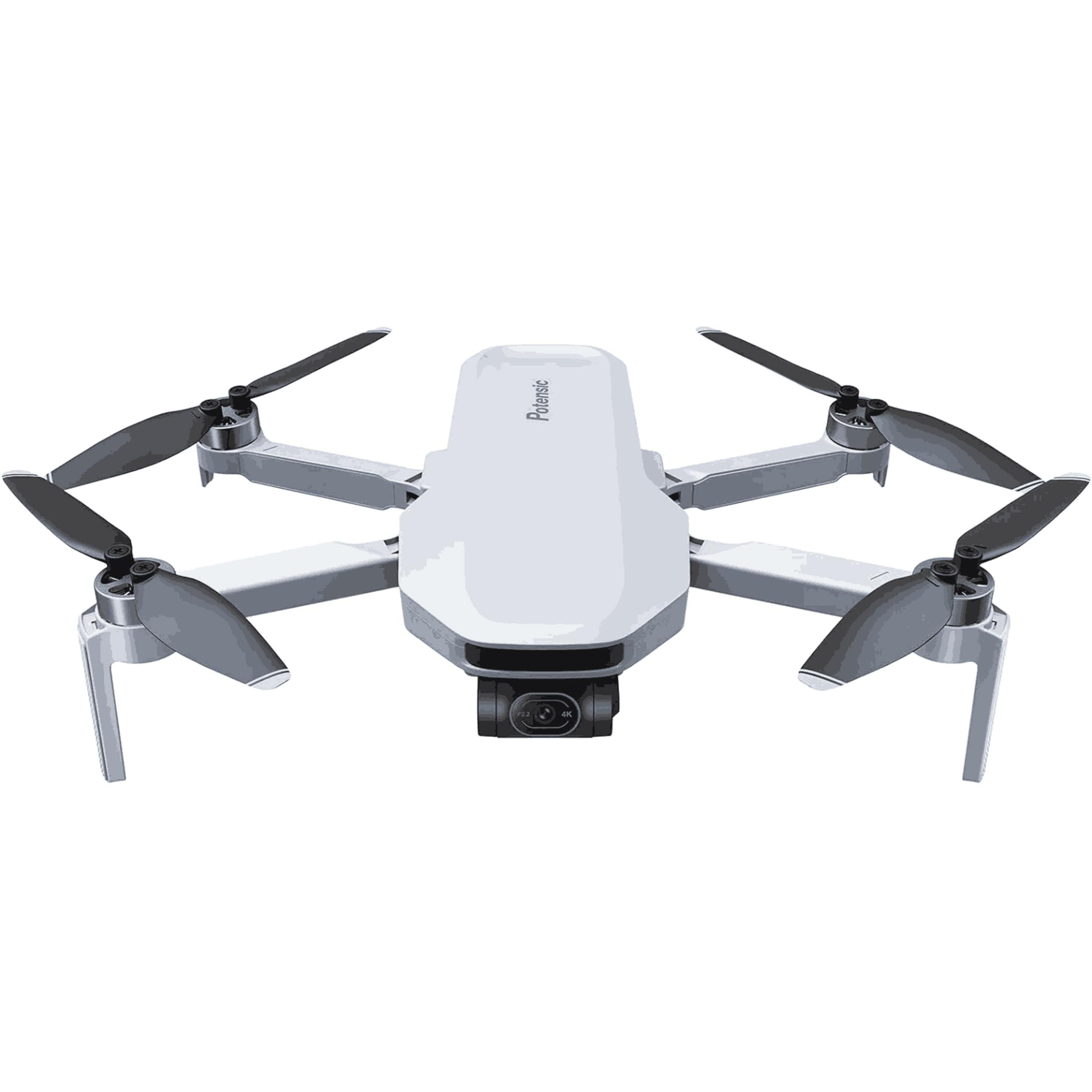 Un drone bianco con quattro eliche e una fotocamera anteriore.