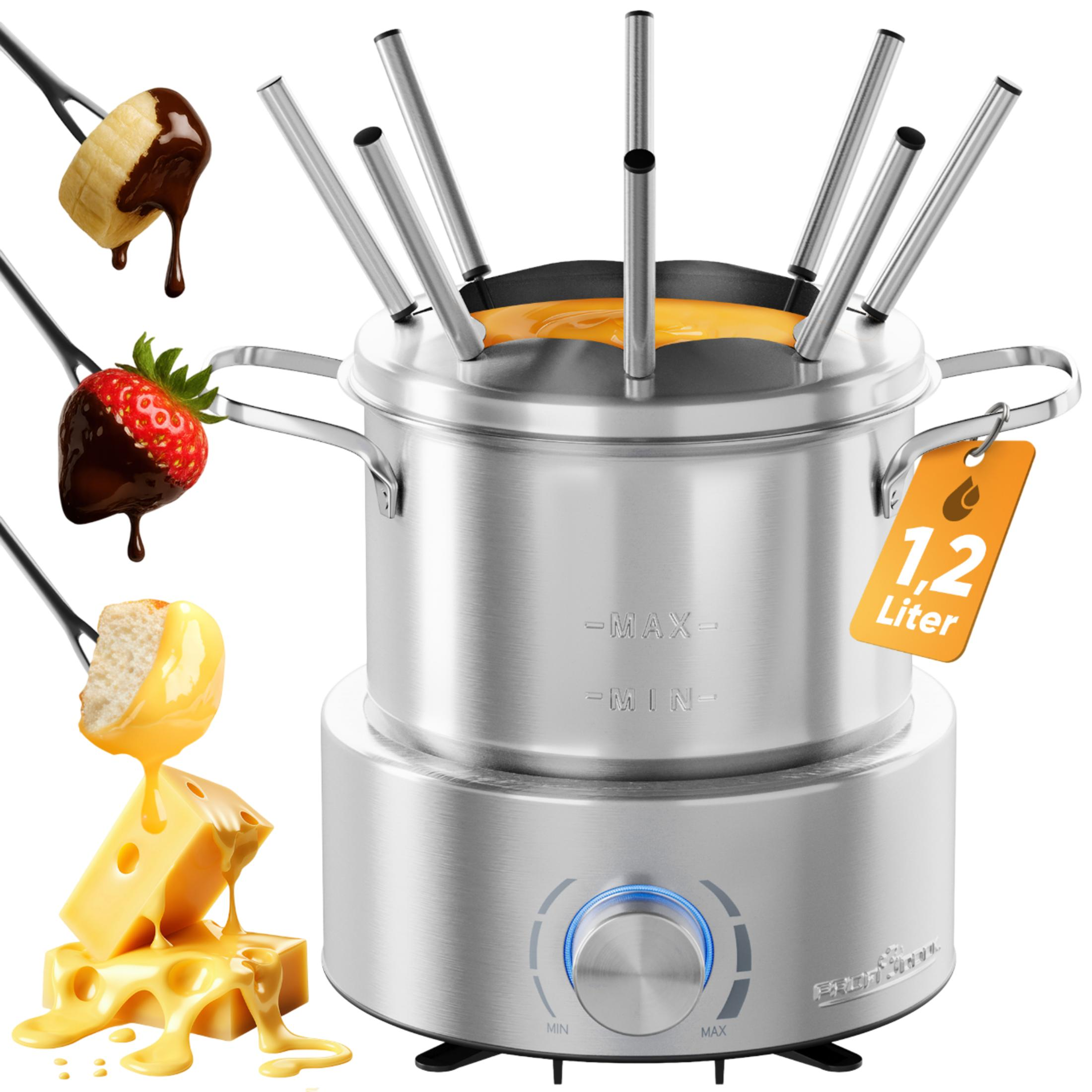 Set per fonduta con banana al cioccolato, fragola, pezzi di pane e formaggio fuso.