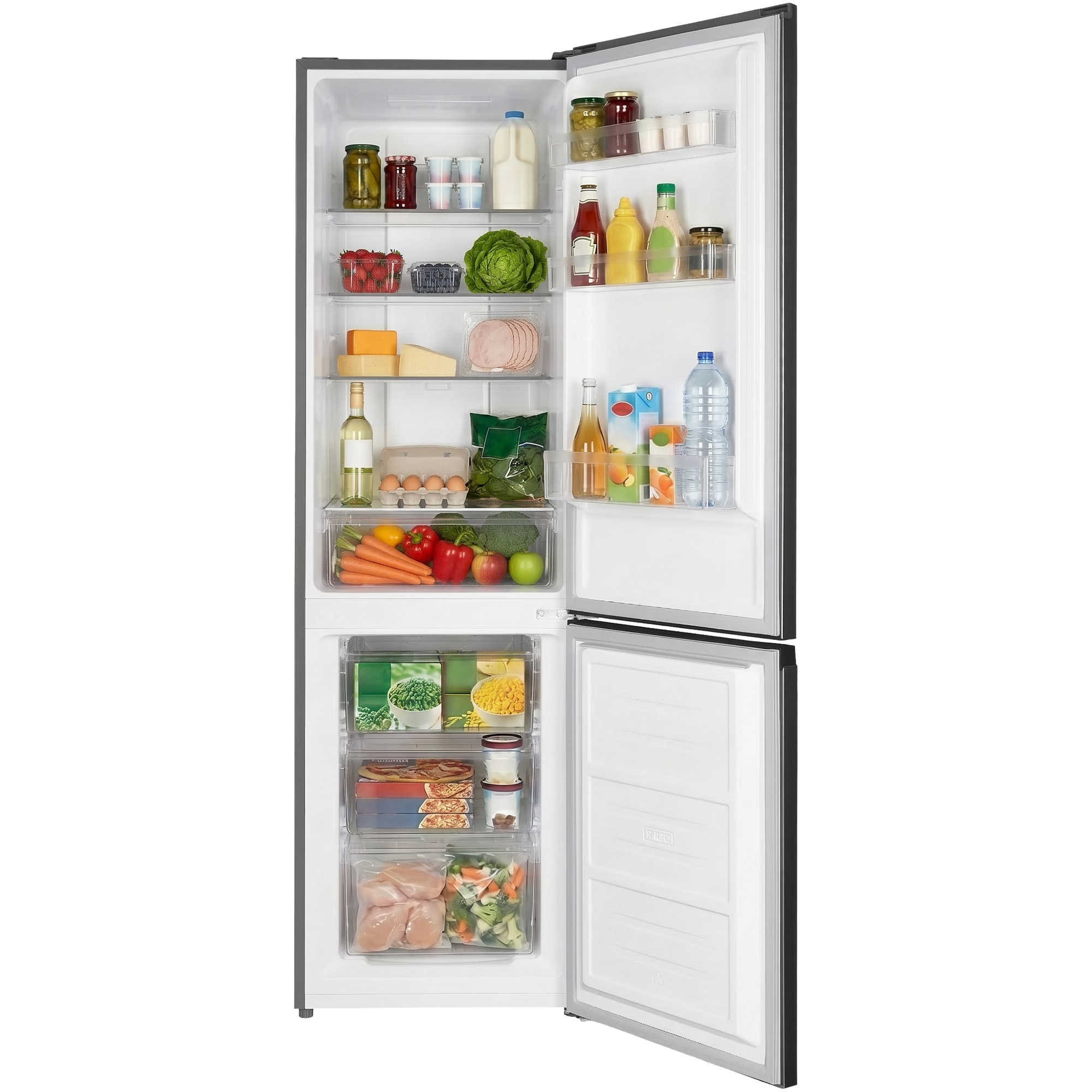 Offener Kühlschrank mit Lebensmitteln: Gemüse, Obst, Fleisch, Käse, Getränke, Eier.