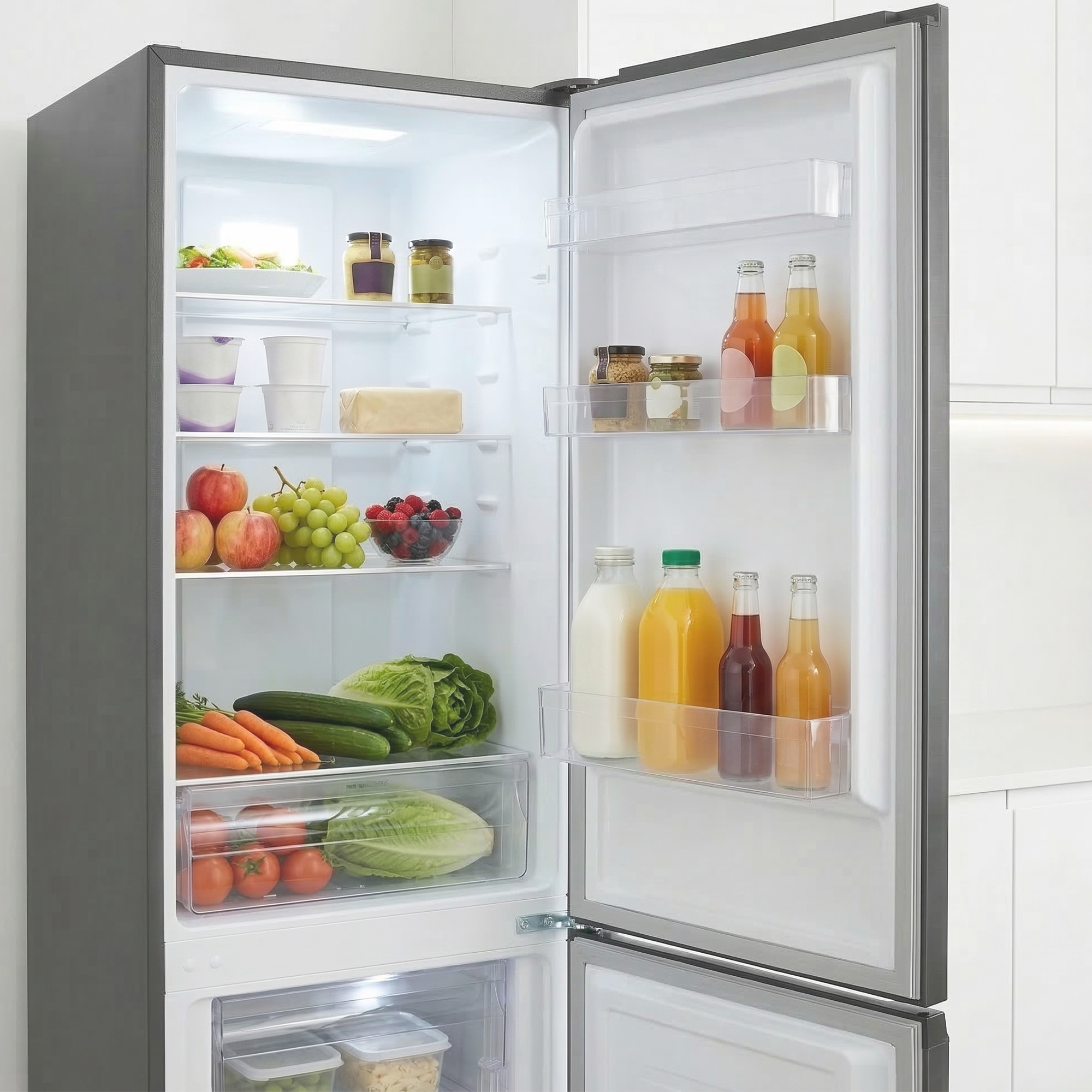 Ein offener Kühlschrank mit Obst, Gemüse, Getränken und Gläsern.