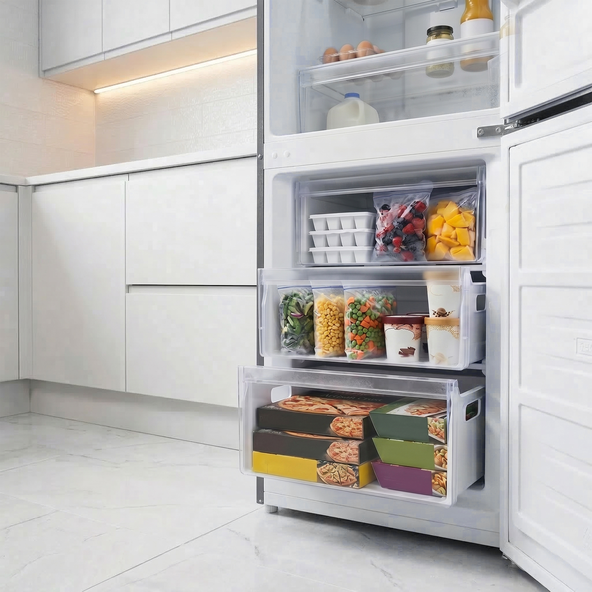 Ein offener Kühlschrank mit gefrorenen Lebensmitteln und Eiscremebehältern.