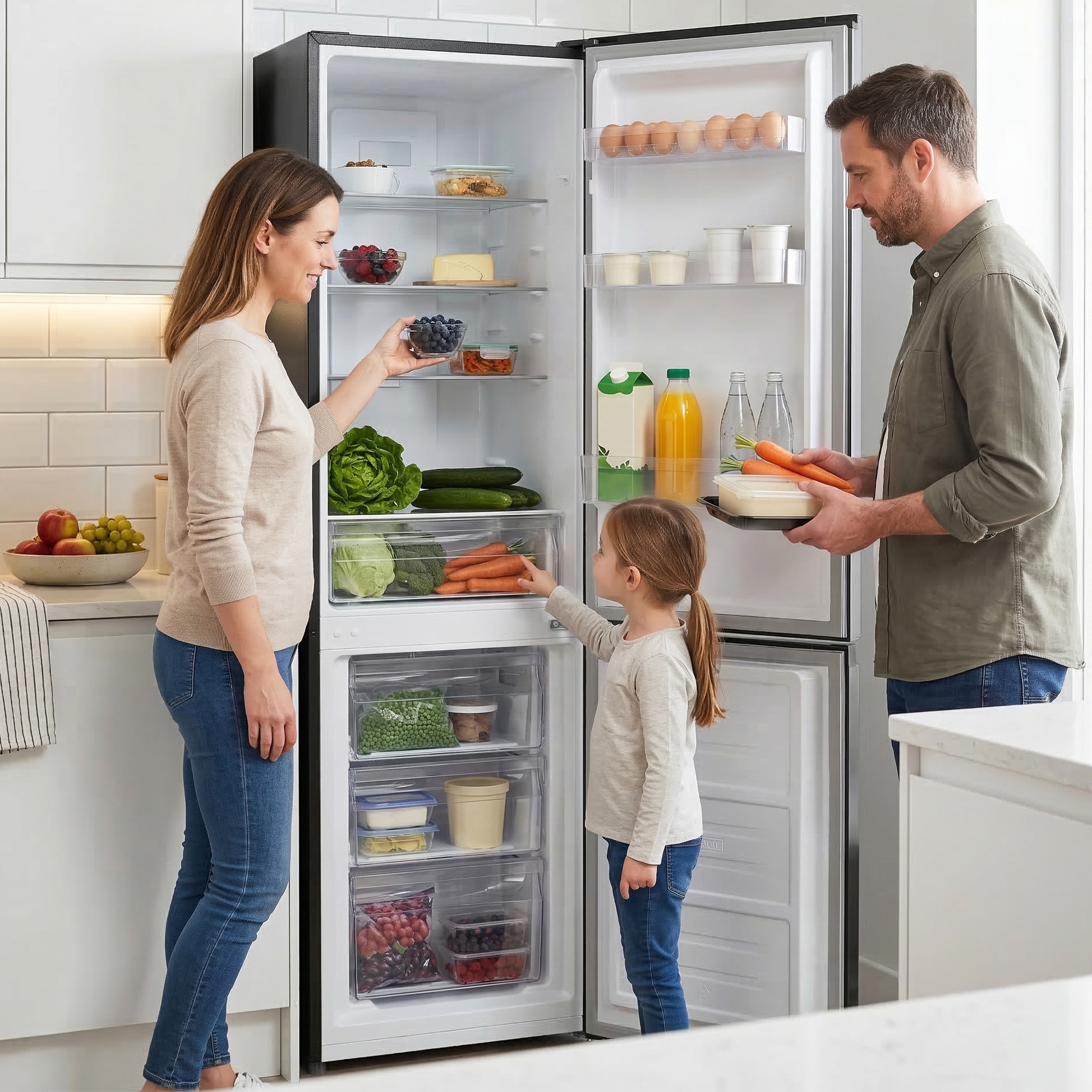 Eine Familie packt einen Kühlschrank mit Lebensmitteln, darunter Obst, Gemüse und Eier.