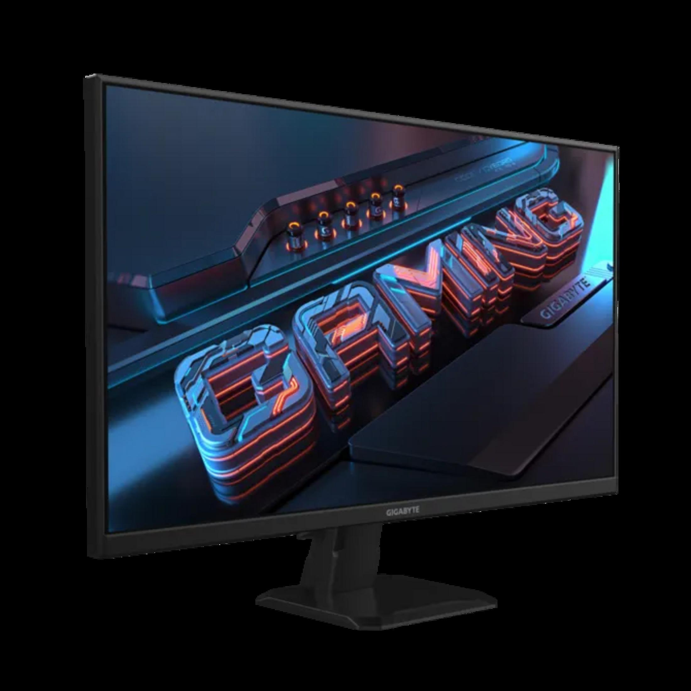 Ein Gaming-Monitor mit leuchtend blauen und orangen Akzenten auf einem dunklen Hintergrund.
