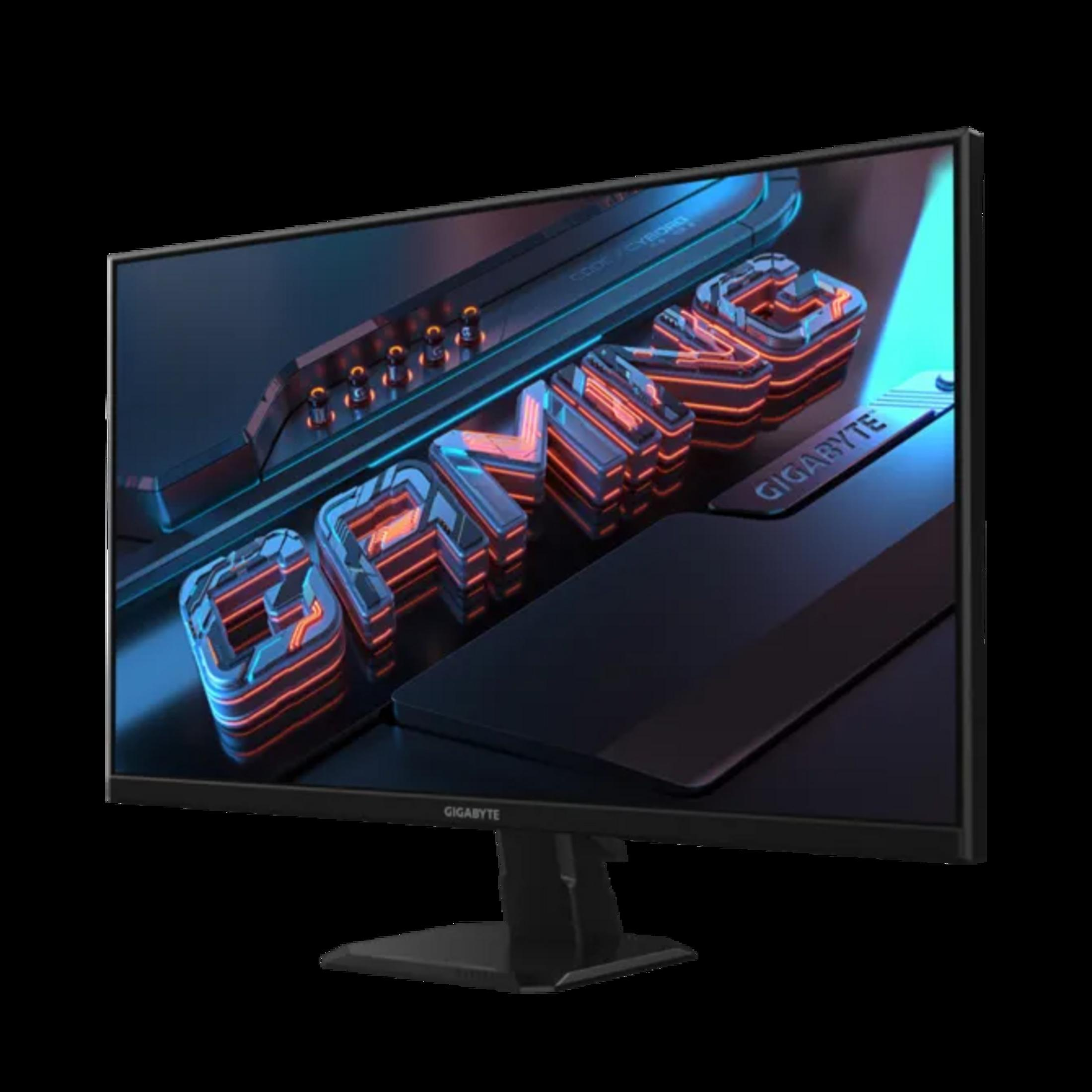 Ein Monitor mit dem Wort GAMING in 3D-Buchstaben, beleuchtet mit Neonlichtern.