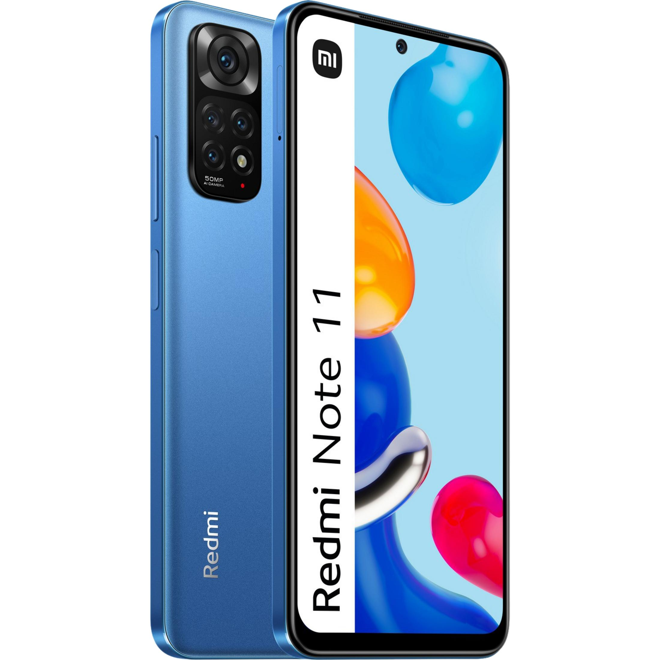Un smartphone azul con texto "Redmi Note 11" y configuración de cámara.