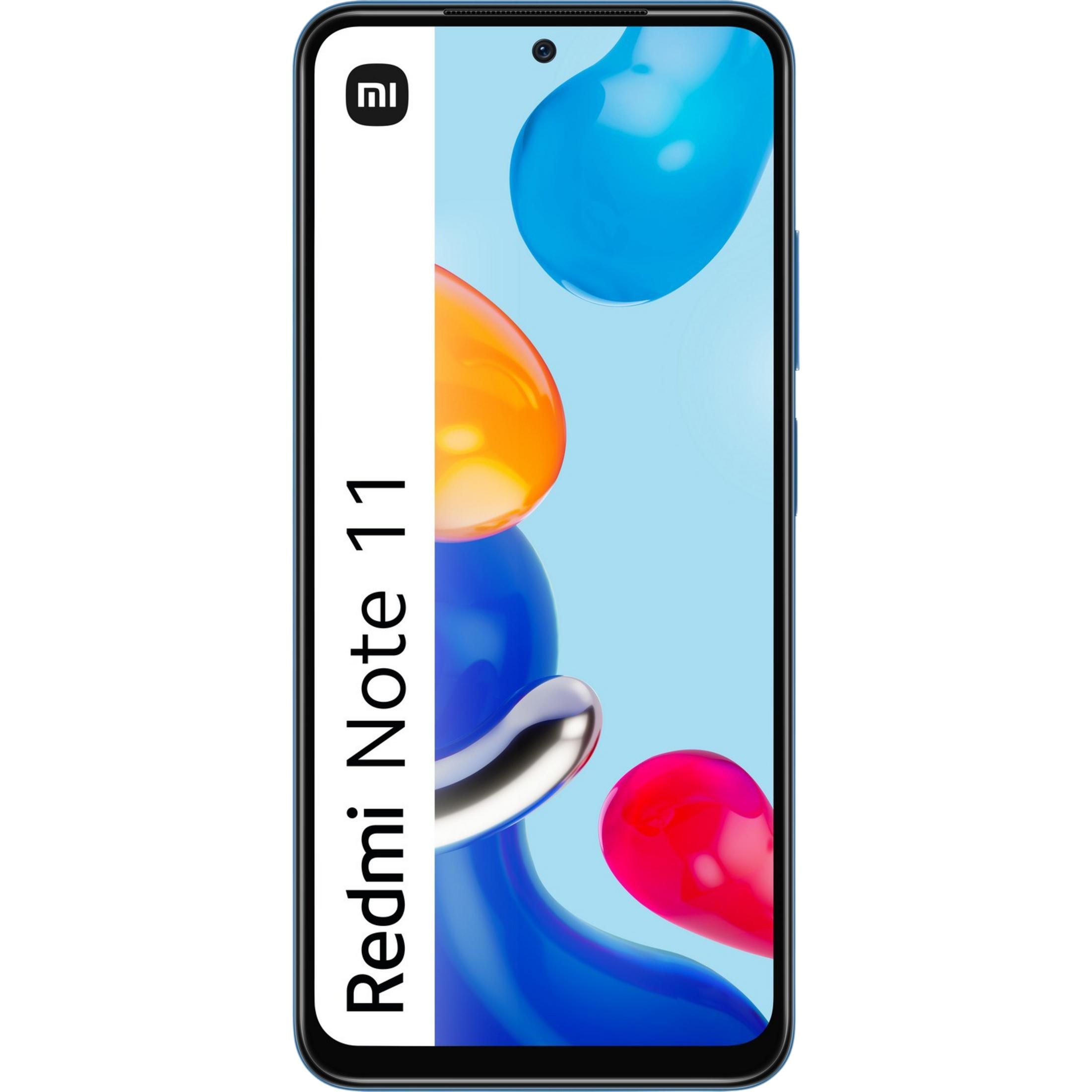 Smartphone azul con logo Redmi Note 11 y formas abstractas.