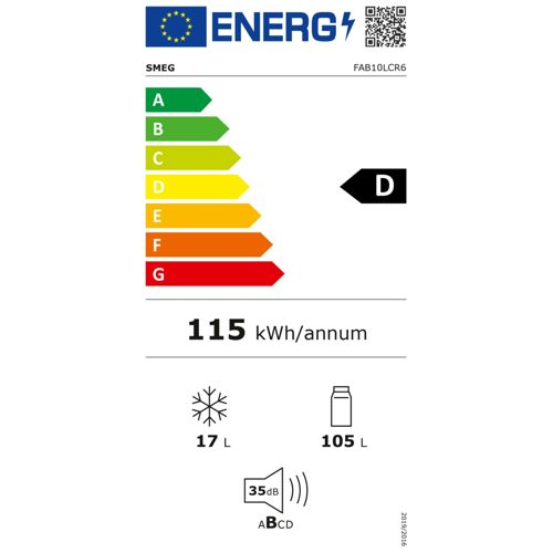Etichetta energetica D per frigorifero SMEG FAB10LCR6, 115 kWh/anno, congelatore 17L, frigorifero 105L.