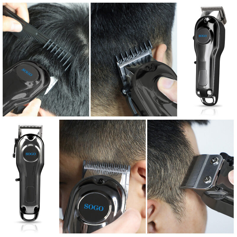 Primer plano de una cortapelos negra utilizada para cortar el pelo de una persona.