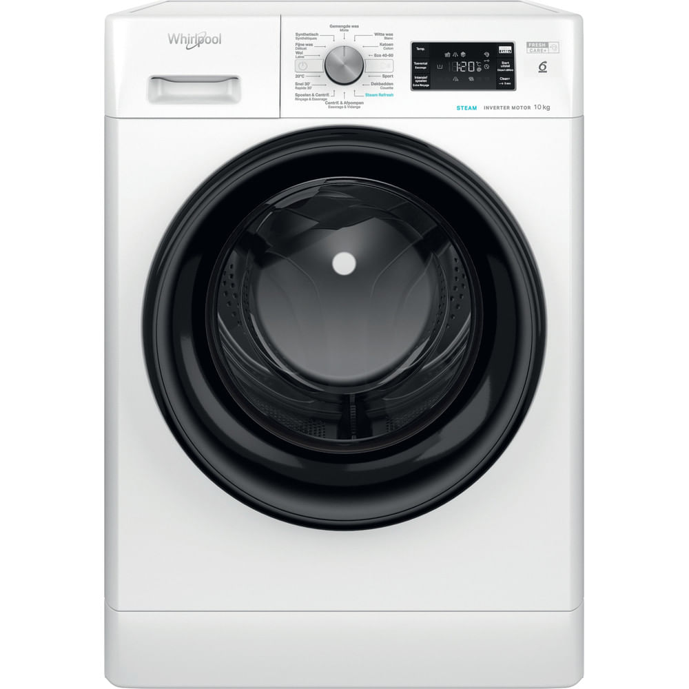 Witte Whirlpool wasmachine met zwart deur en bedieningspaneel.