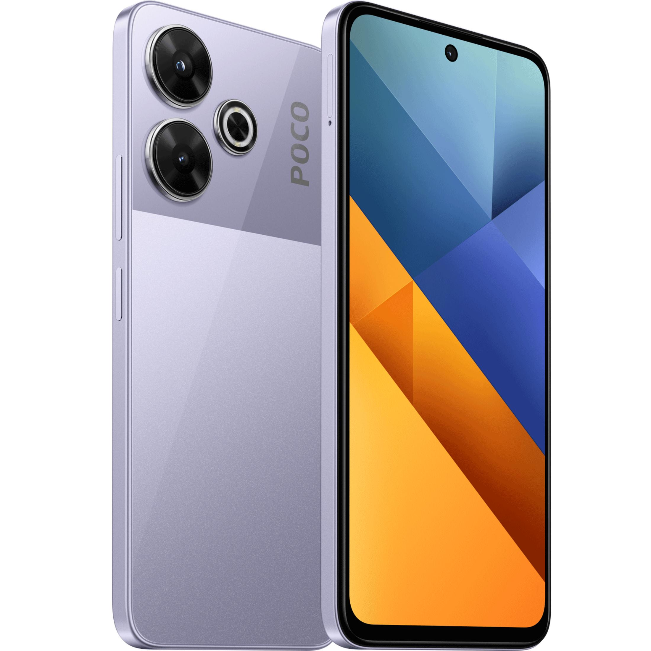 Un smartphone morado con logo POCO y tres cámaras traseras.