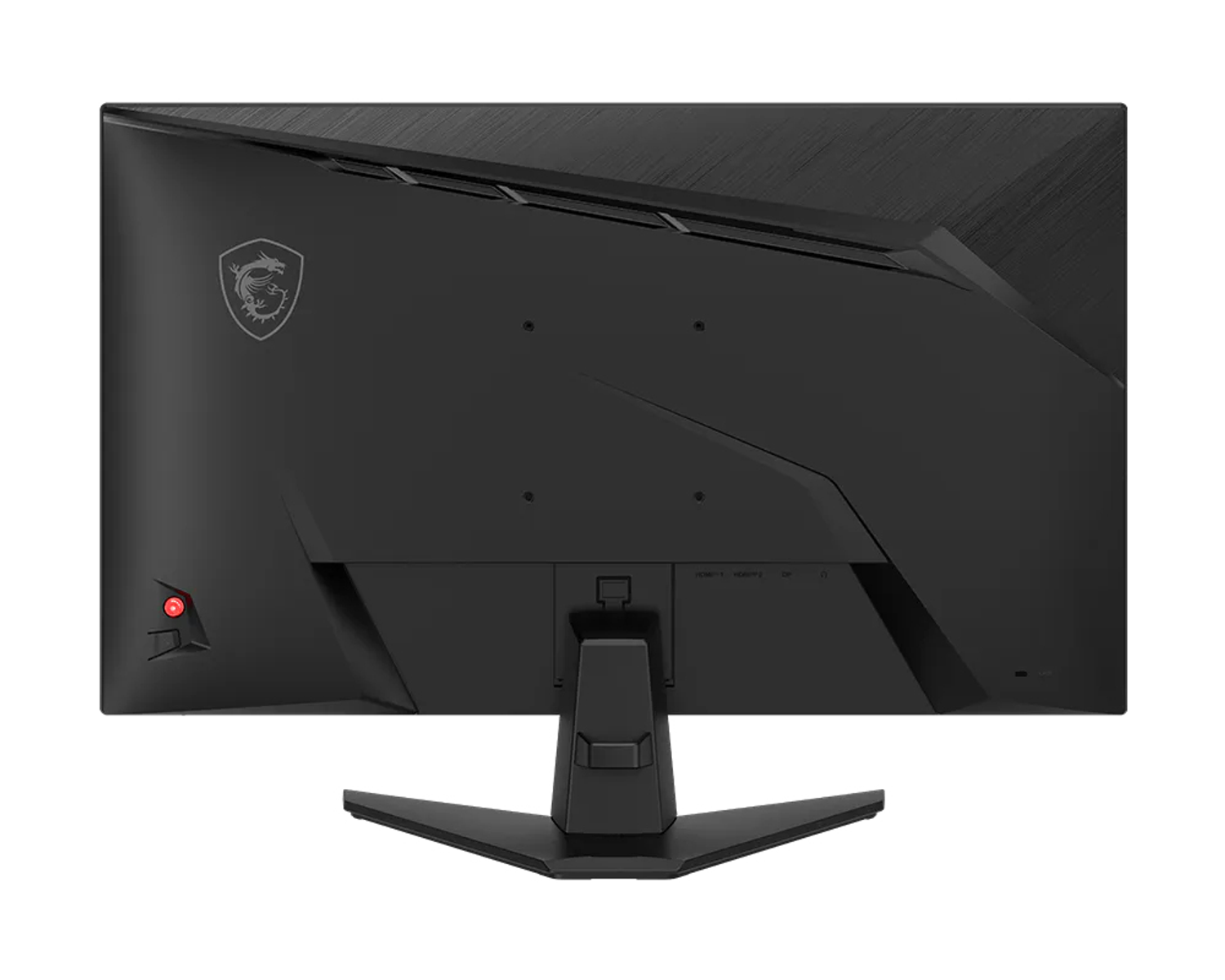 Standlı siyah MSI oyuncu monitörünün arka görünümü. MSI logosu bulunur.