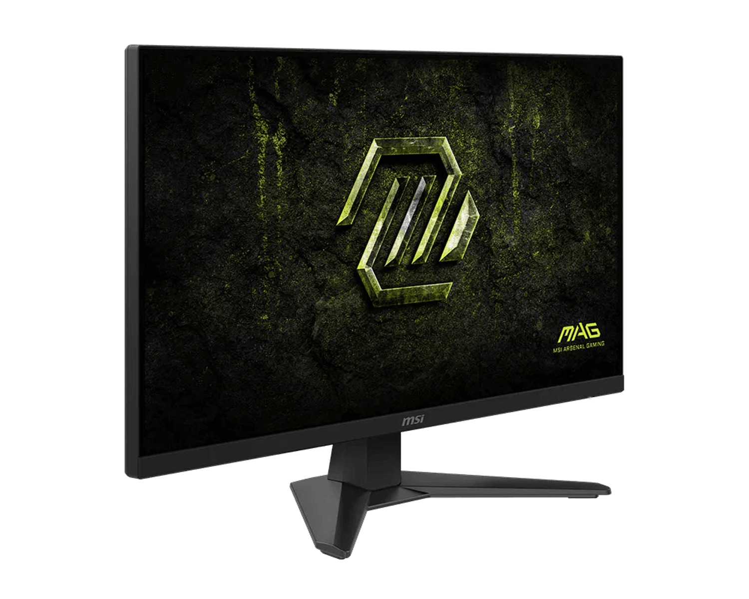 Beyaz stant üzerinde sarı logo ve arka plana sahip siyah bir MSI oyuncu monitörü.