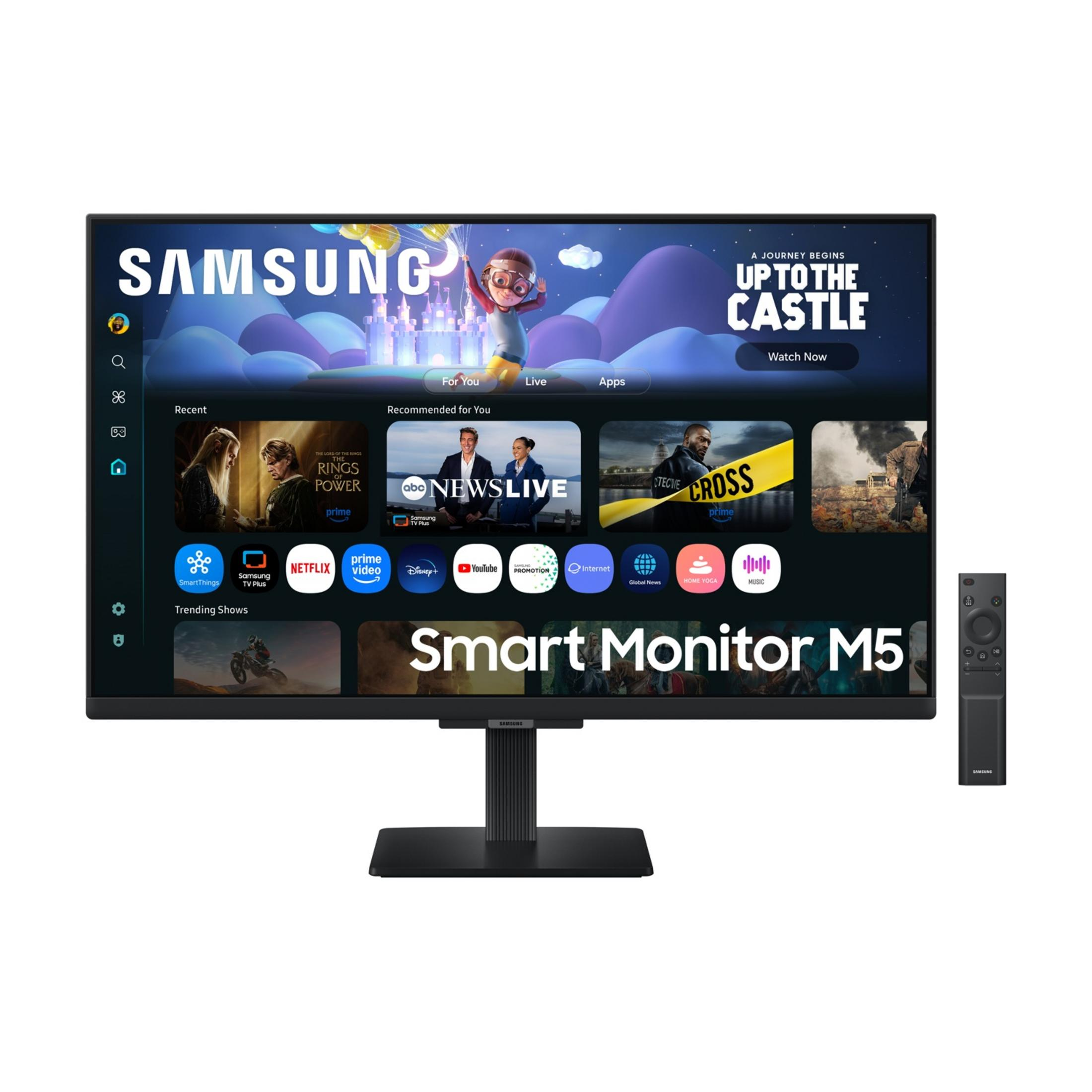 Samsung Smart Monitor M5 z pilotem wyświetlający różne aplikacje.