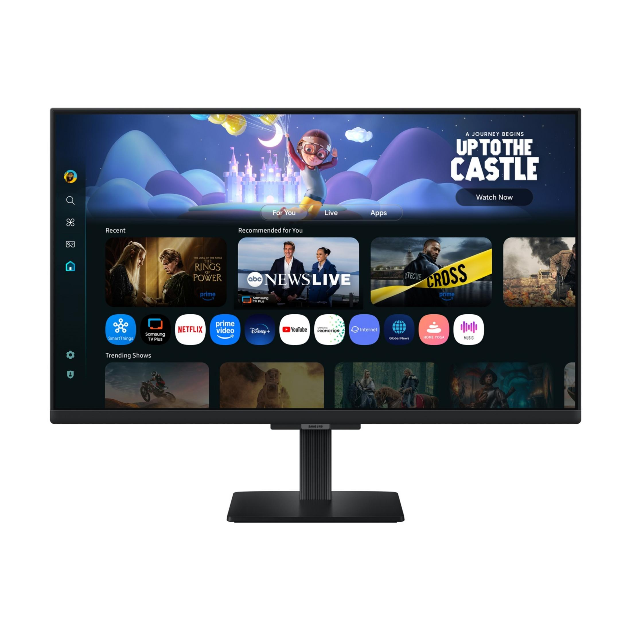 Monitor wyświetlający interfejs Smart TV z programami, aplikacjami i opcjami telewizji na żywo.