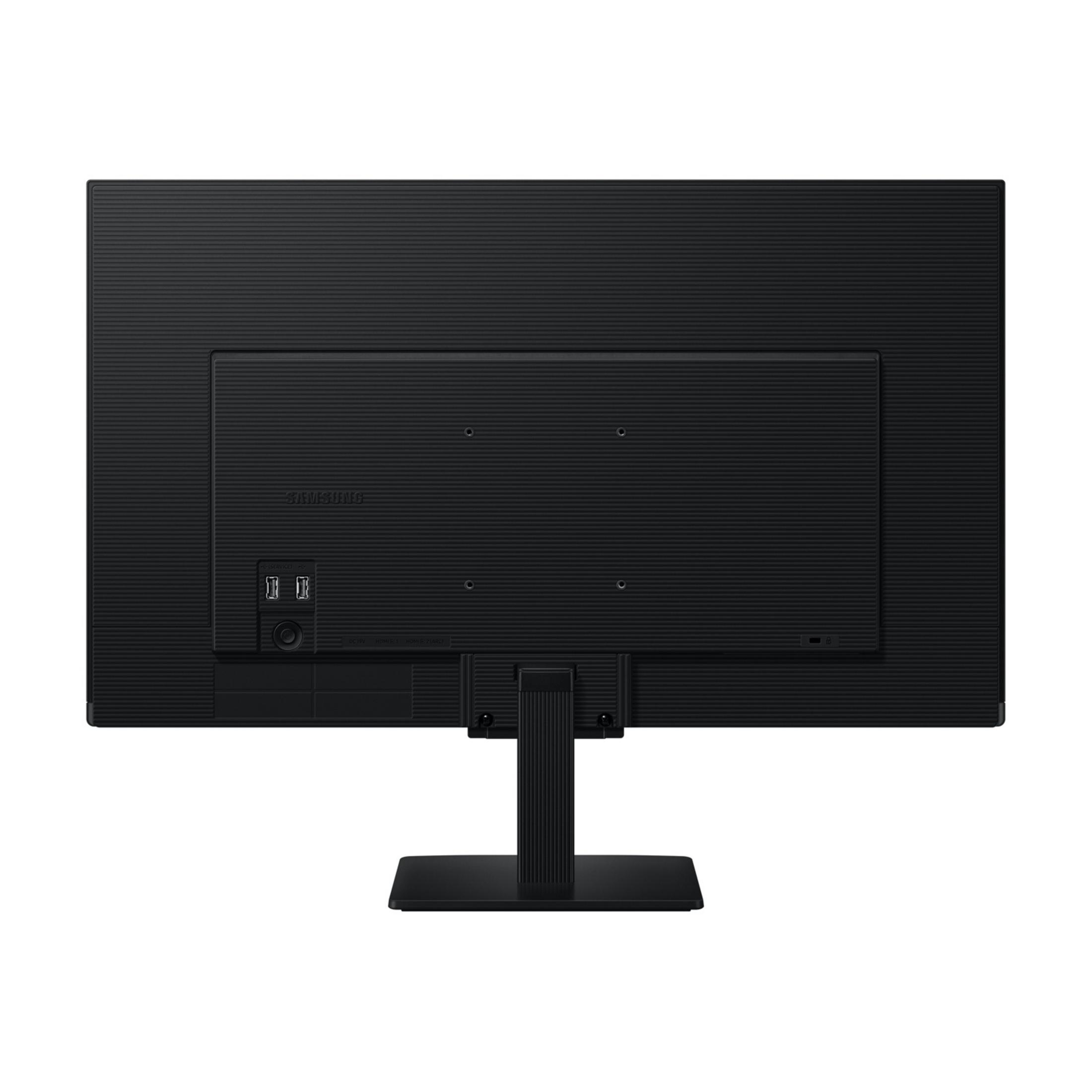 Tył czarnego monitora Samsung z portami i podstawką. Teksturowana powierzchnia.