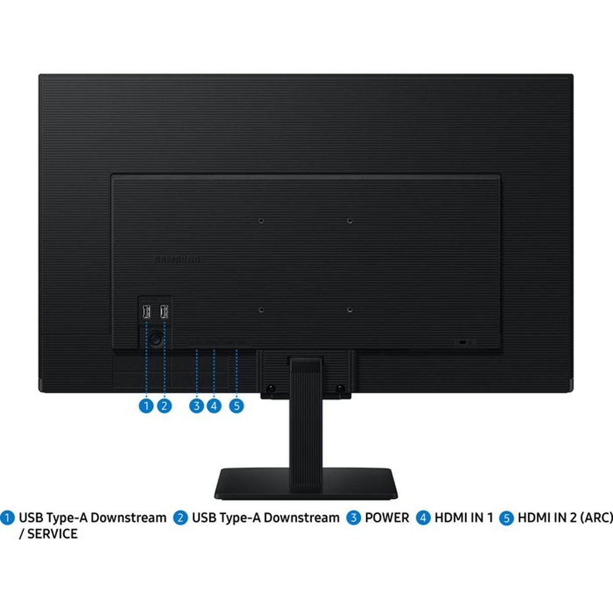 Tył czarnego monitora Samsung z portami: 2 USB, Zasilanie, 2 HDMI.