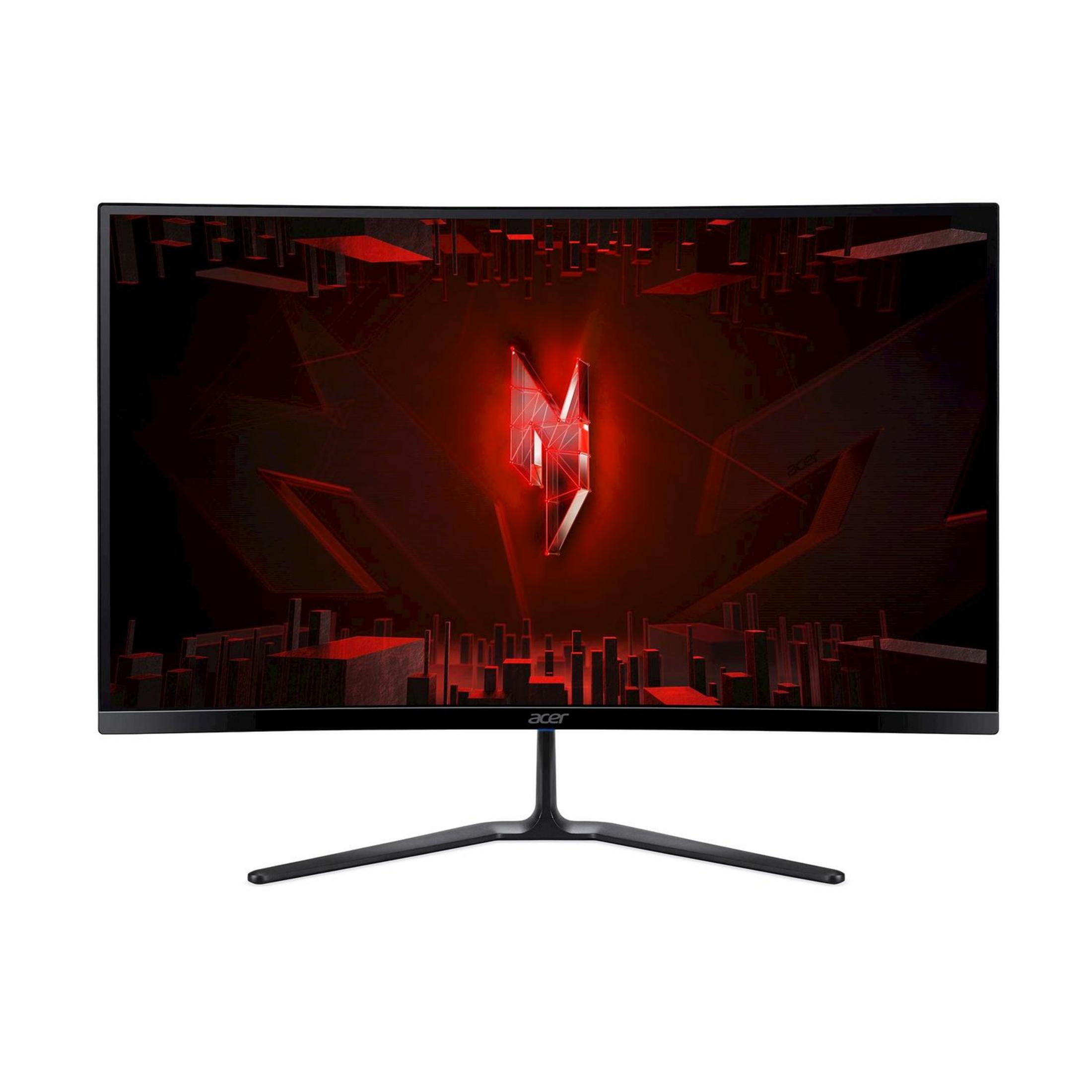 Un monitor curvo para juegos Acer con fondo abstracto rojo con logo M.