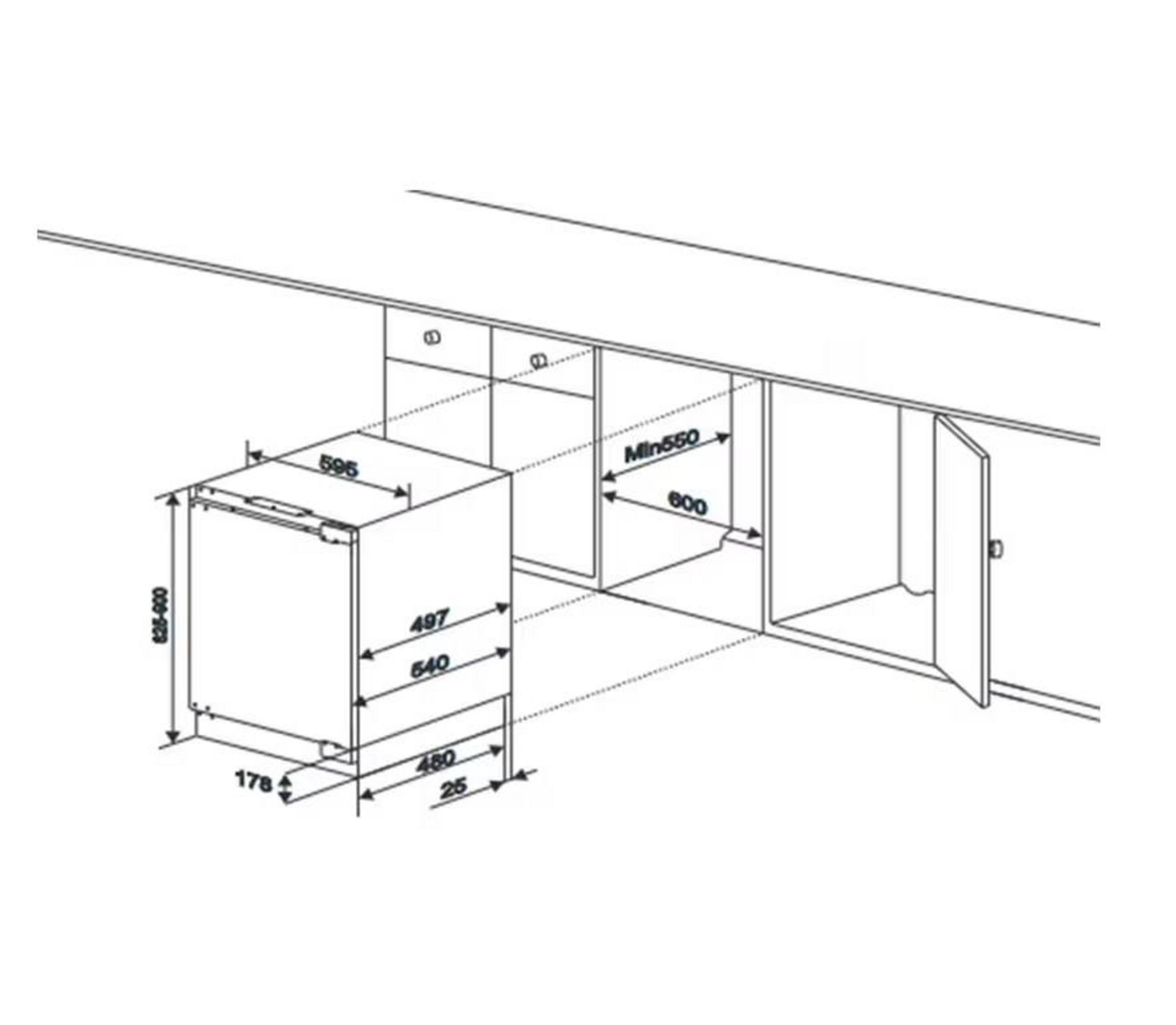 Disegno tecnico di un elettrodomestico da incasso con misure.