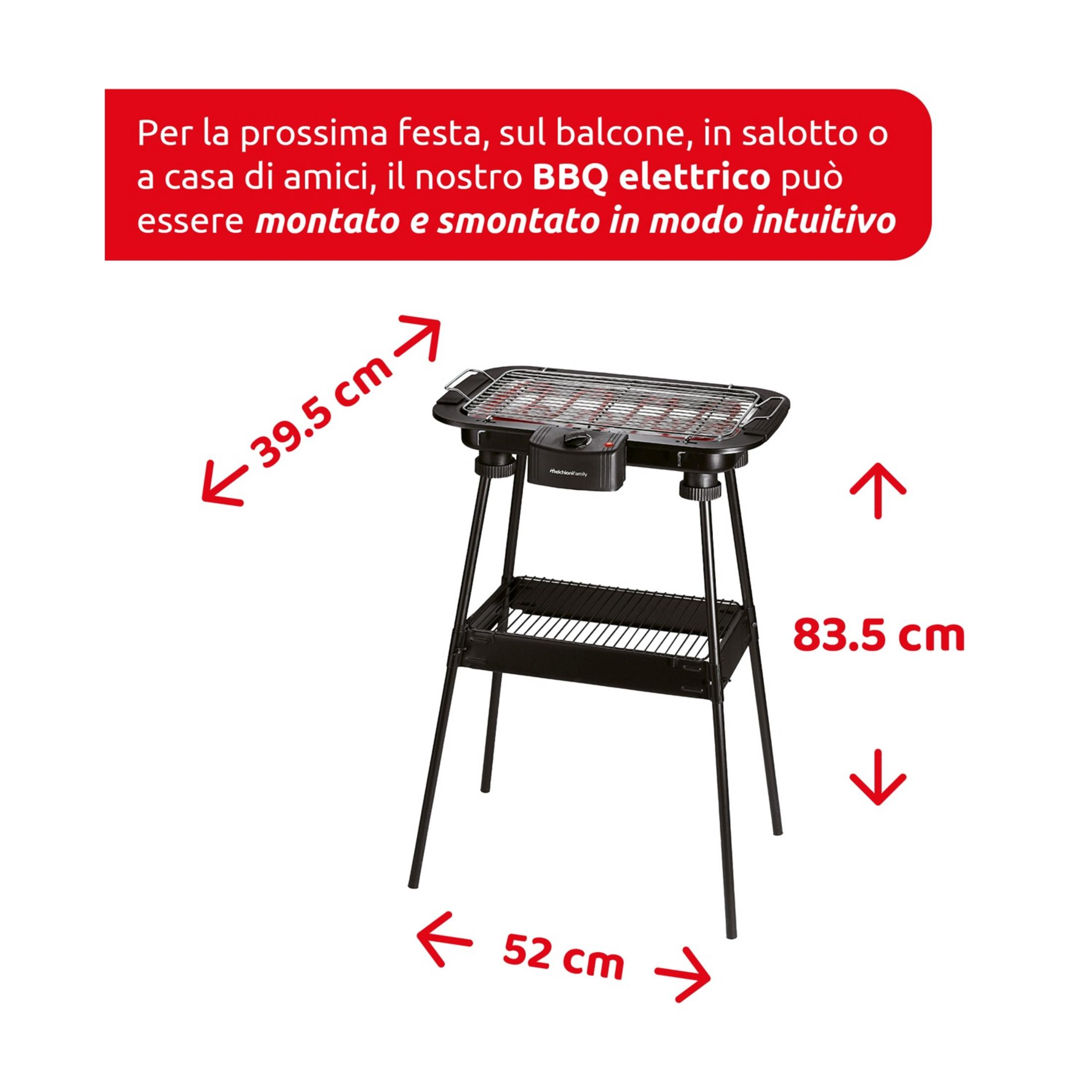 Una barbacoa eléctrica negra sobre un soporte. Dimensiones: 39.5cm, 52cm y 83.5cm.