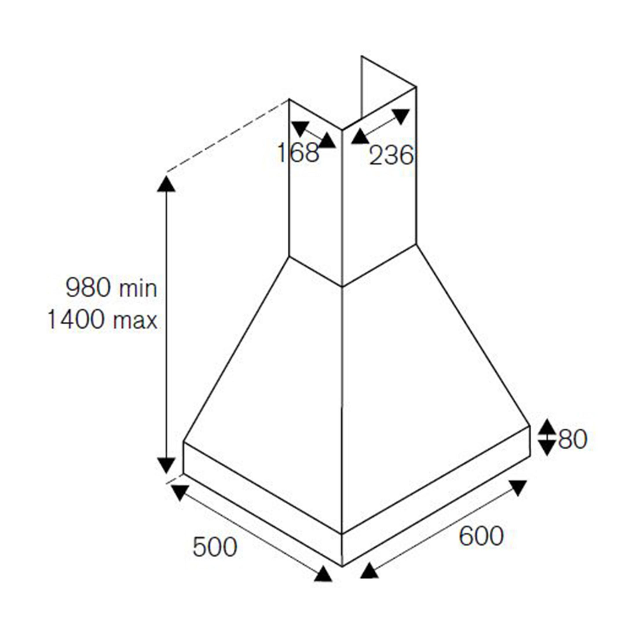Disegno tecnico di una cappa da cucina con dimensioni.