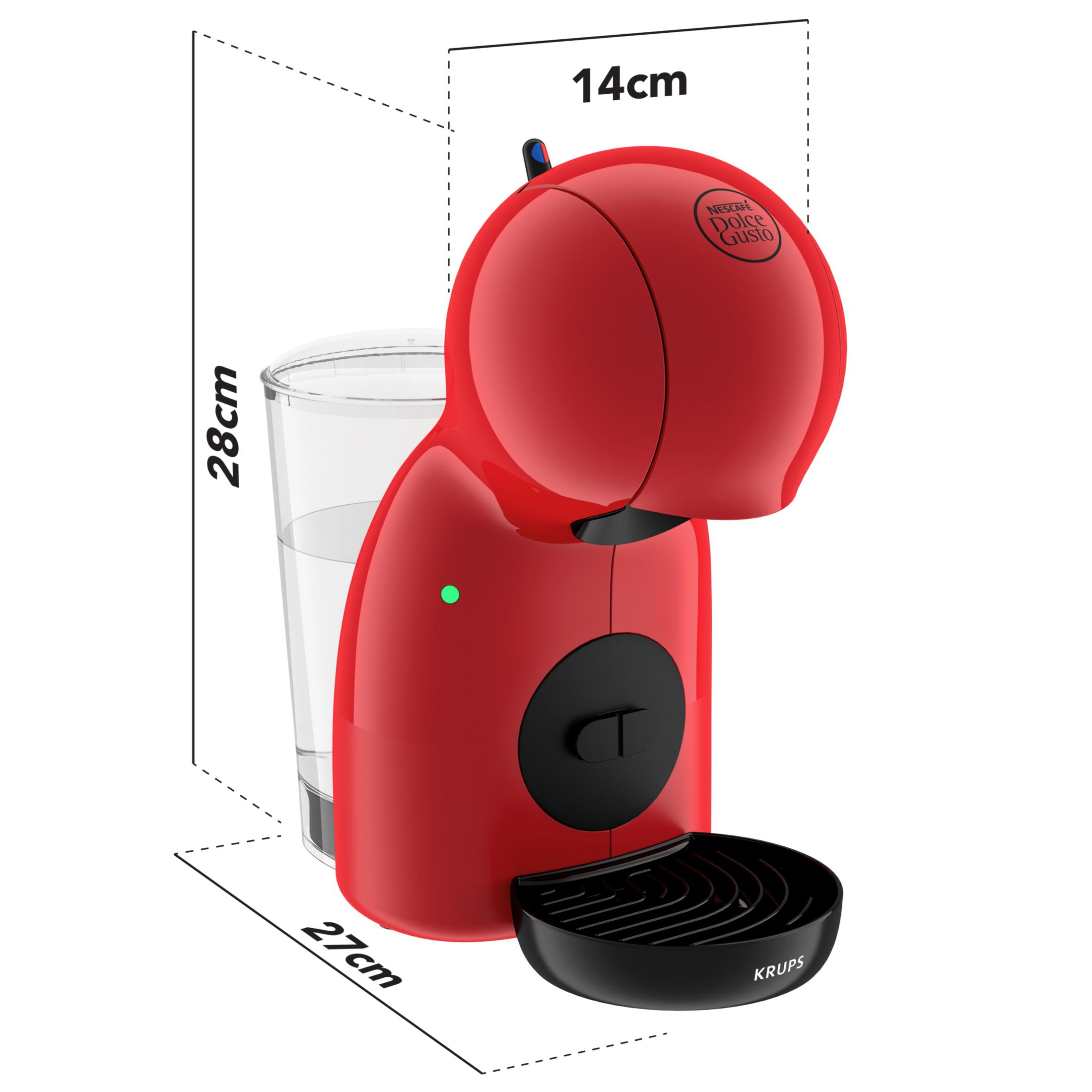 Macchina caffè Dolce Gusto rossa con bicchiere, dimensioni indicate.