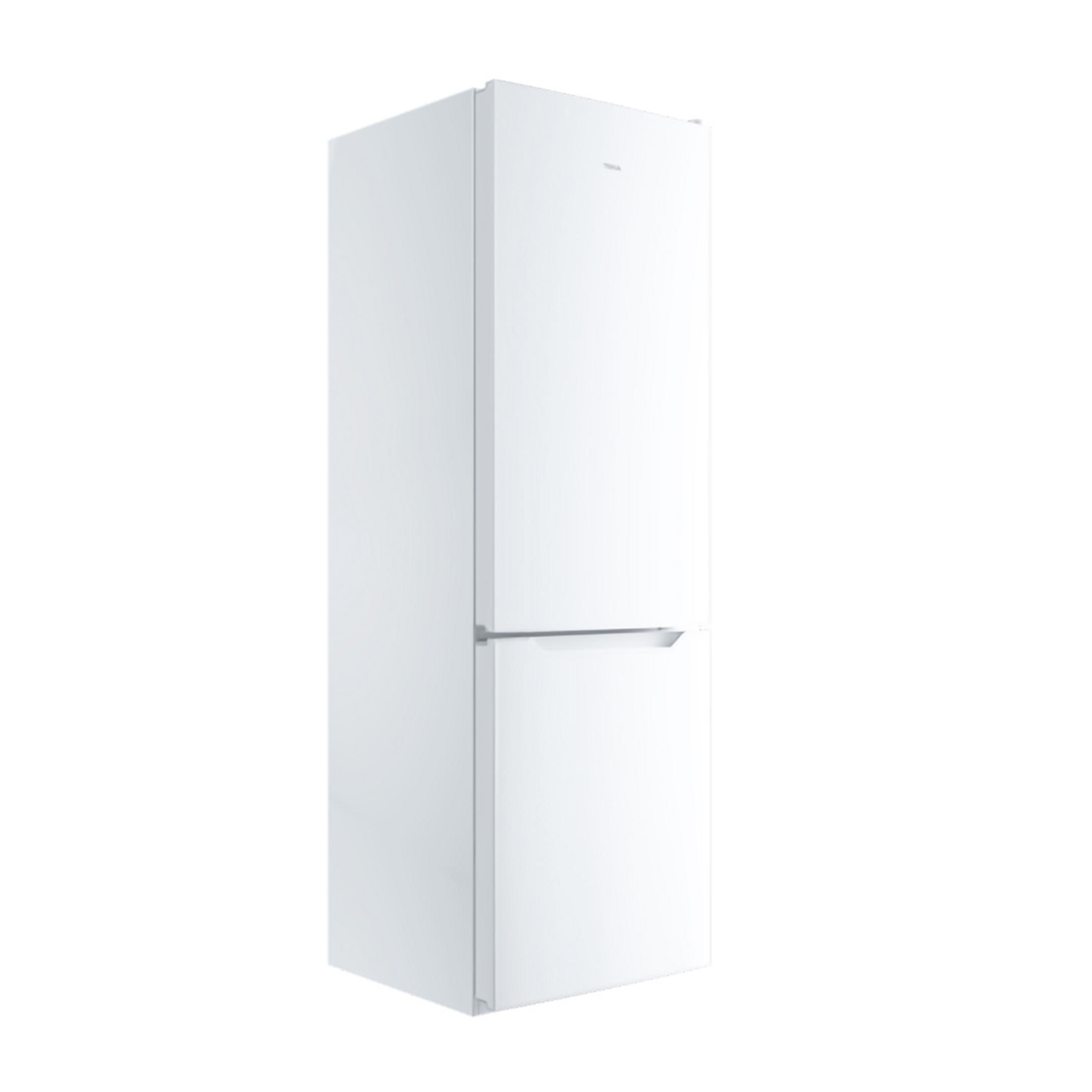 Un refrigerador blanco con compartimento congelador, mostrado independiente sobre fondo blanco.