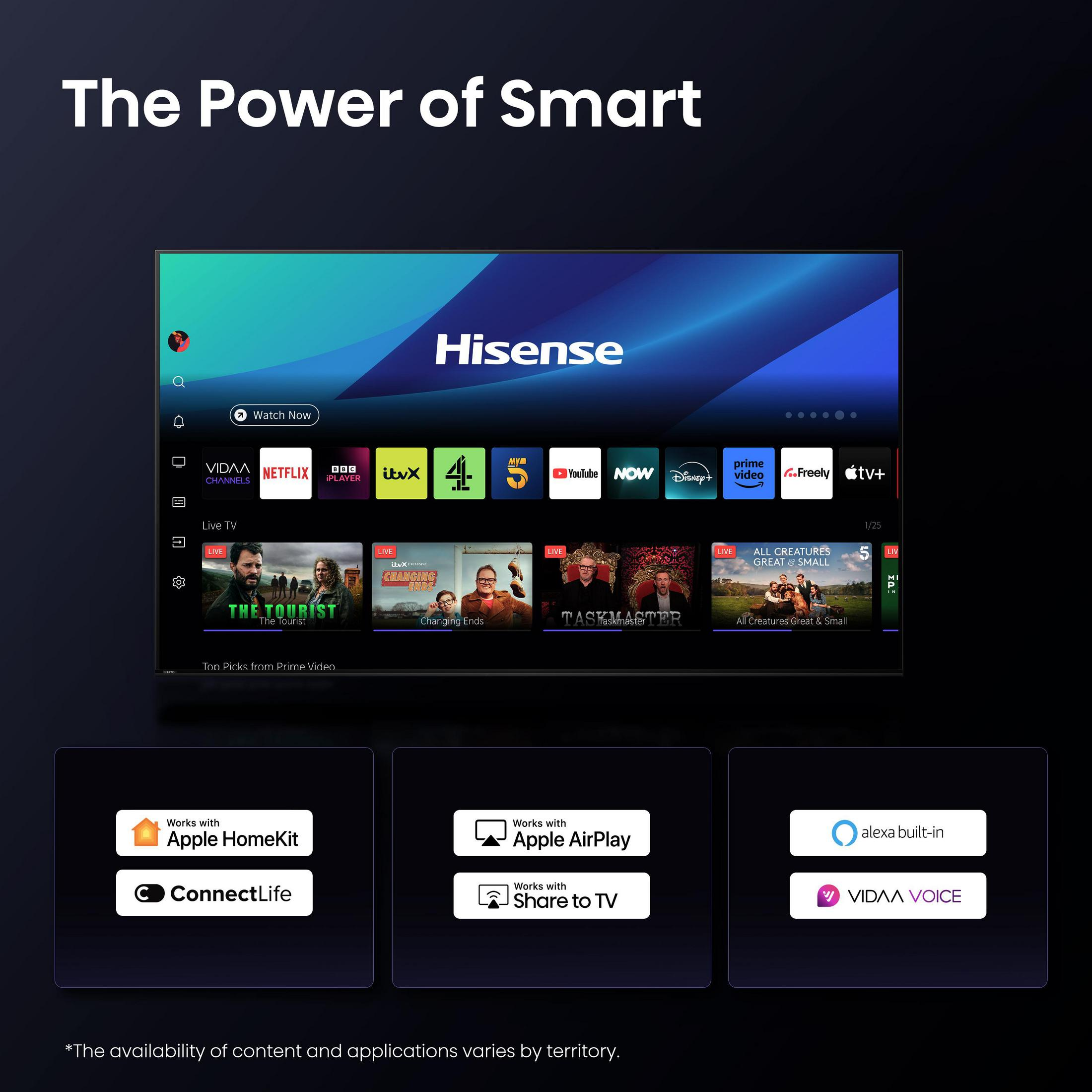 Hisense Smart TV con app come Netflix, Prime Video, Apple TV+. Sotto: compatibilità Apple HomeKit, AirPlay, Alexa.