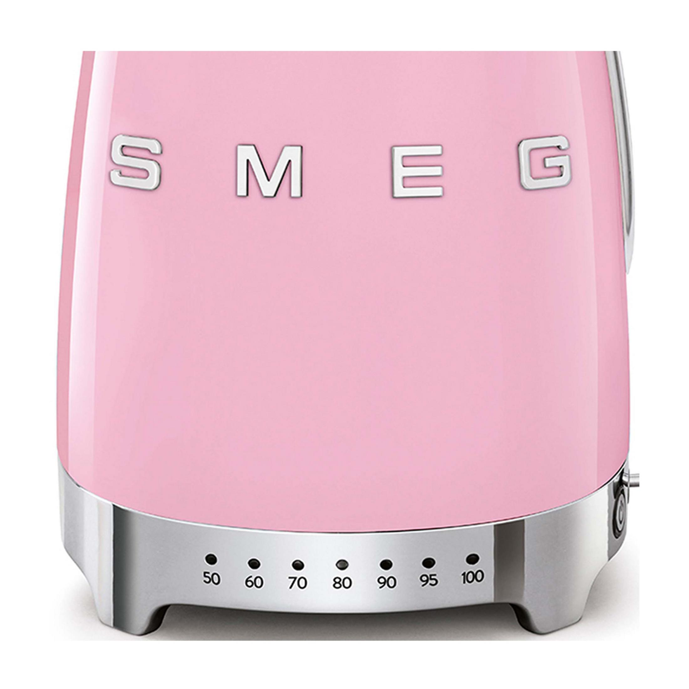 Ein rosa SMEG-Toaster mit silberner Basis und Skala von 50-100.