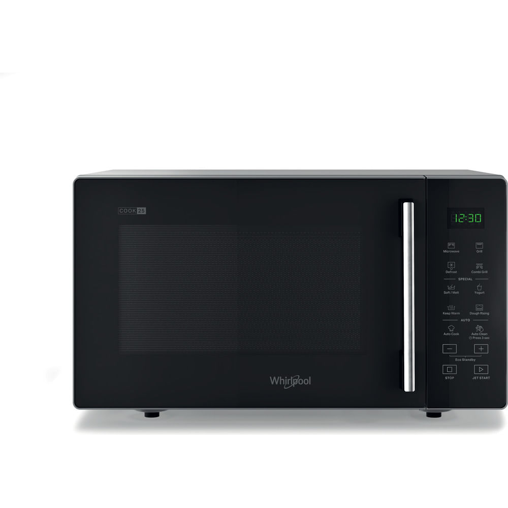 Forno a microonde Whirlpool nero con display digitale e pannello di controllo.