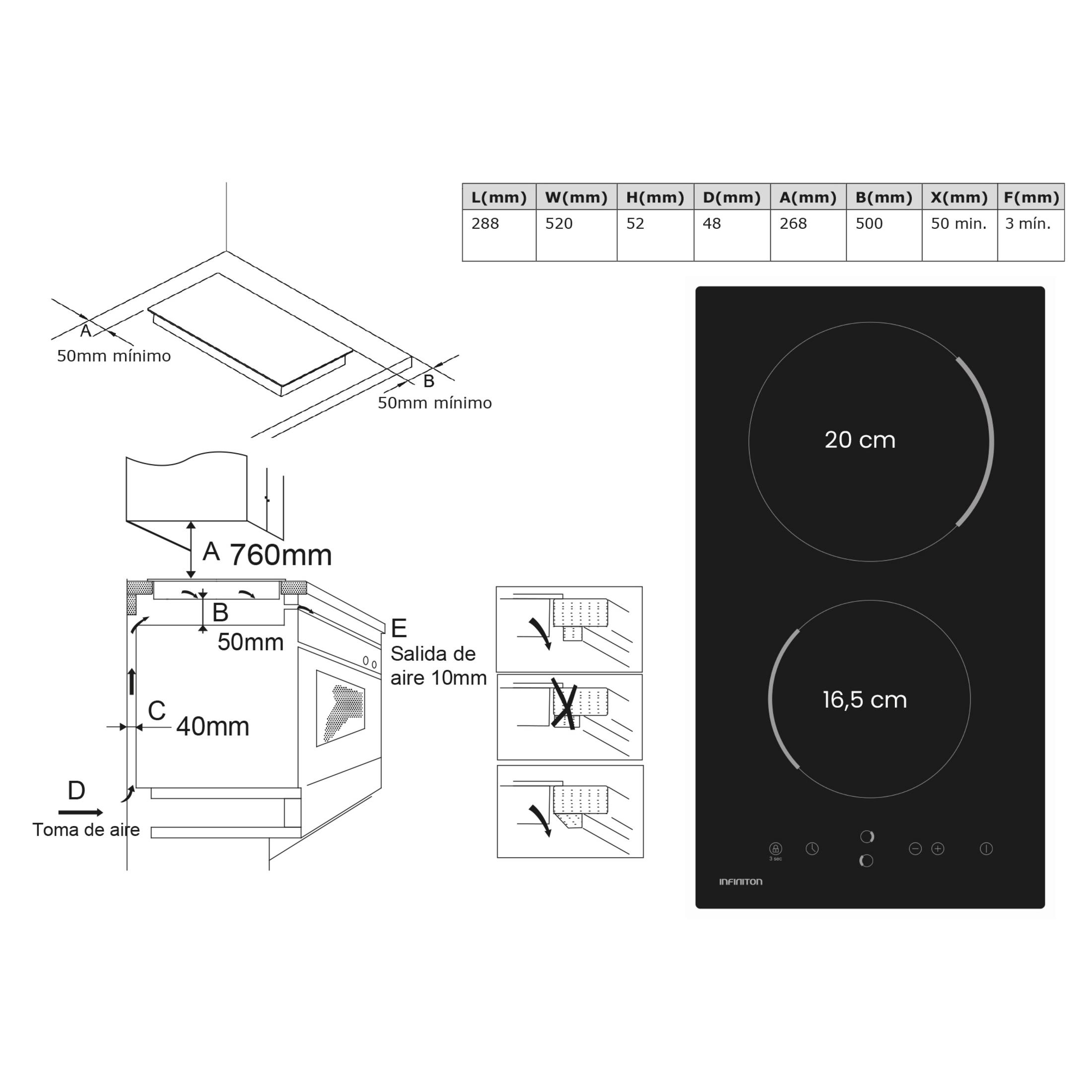 Dibujo técnico de una placa de cocina con dimensiones y diagramas.