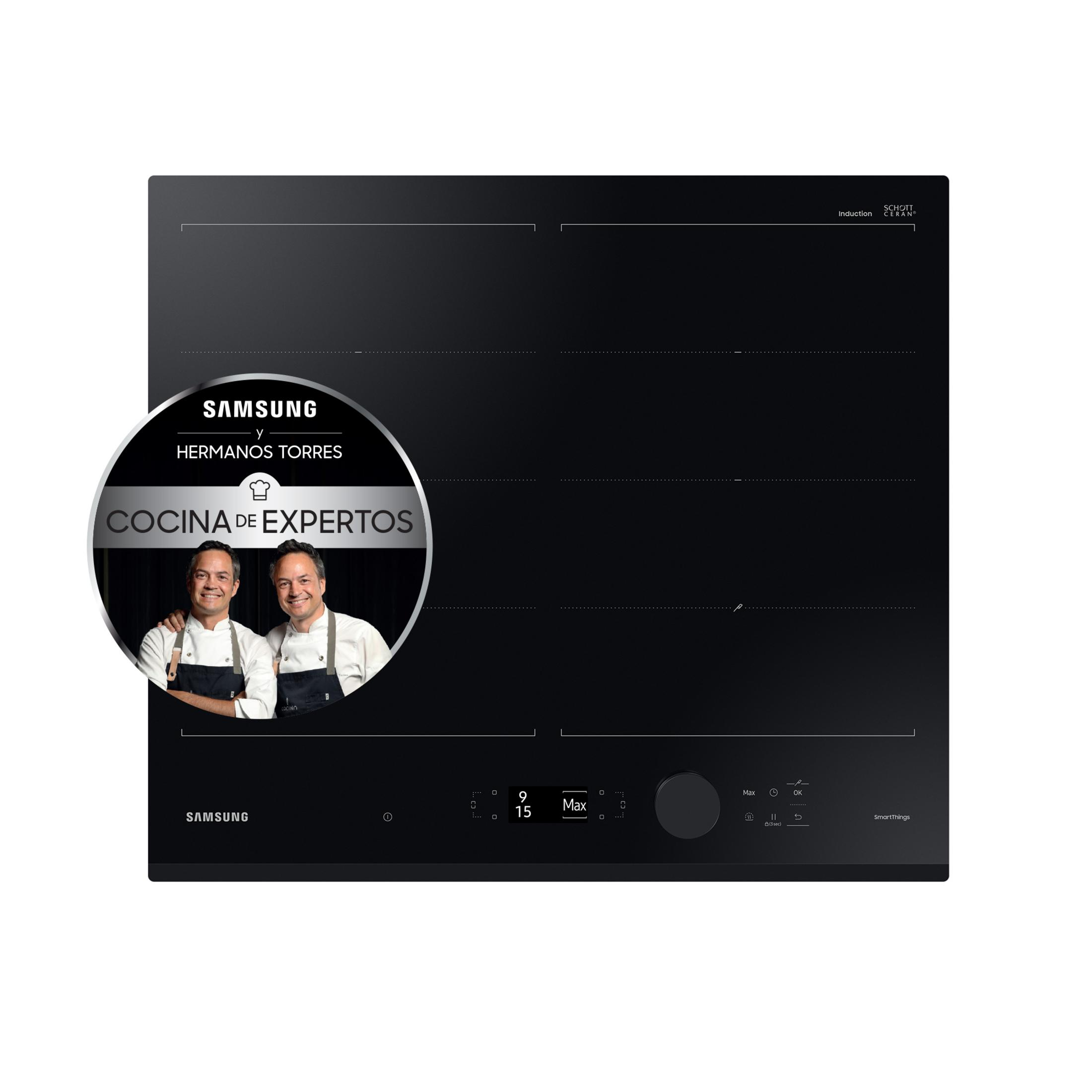 Black induction cooktop with two chefs and Samsung logo.