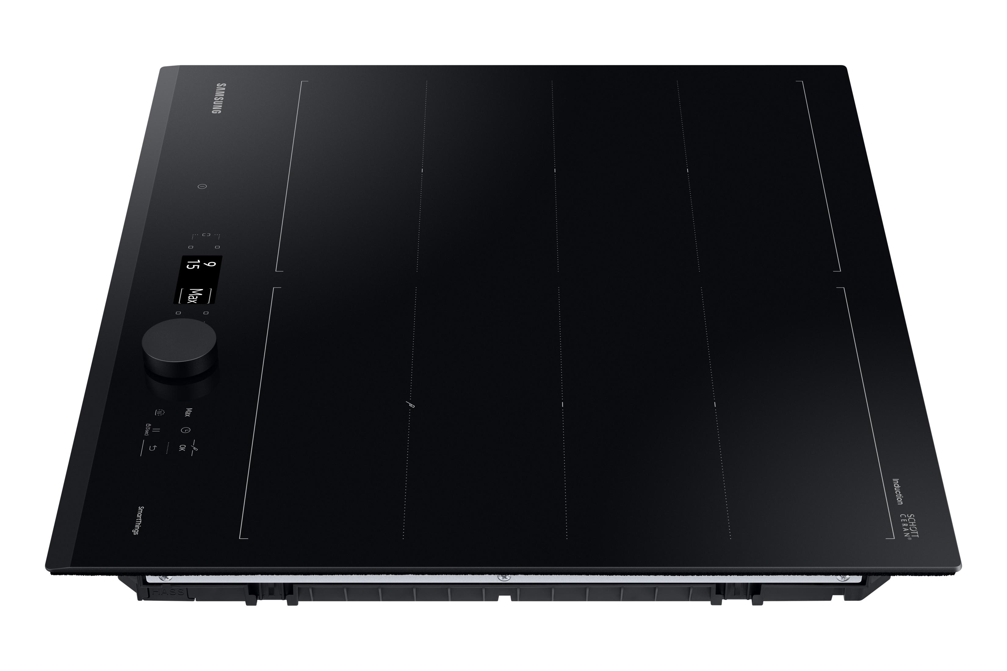 Black Samsung induction cooktop with touchscreen controls and a rotary knob.