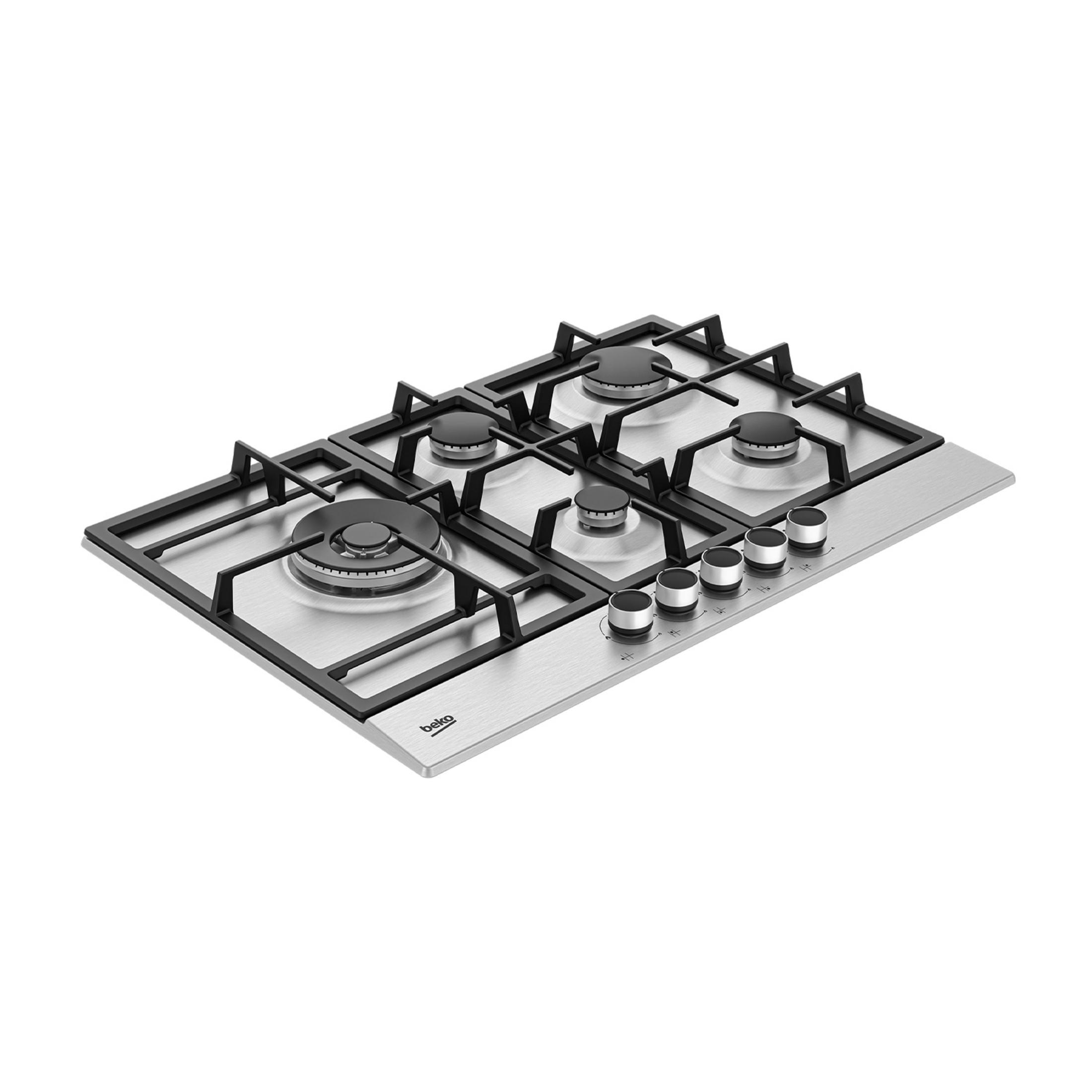 Placa de gas de acero inoxidable con cuatro quemadores y mandos.