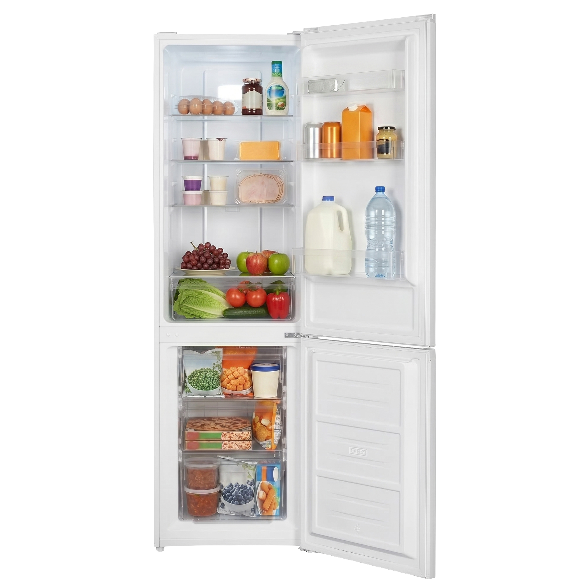Ein offener Kühlschrank mit Lebensmitteln wie Eiern, Obst, Gemüse, Milch und gefrorenen Lebensmitteln.