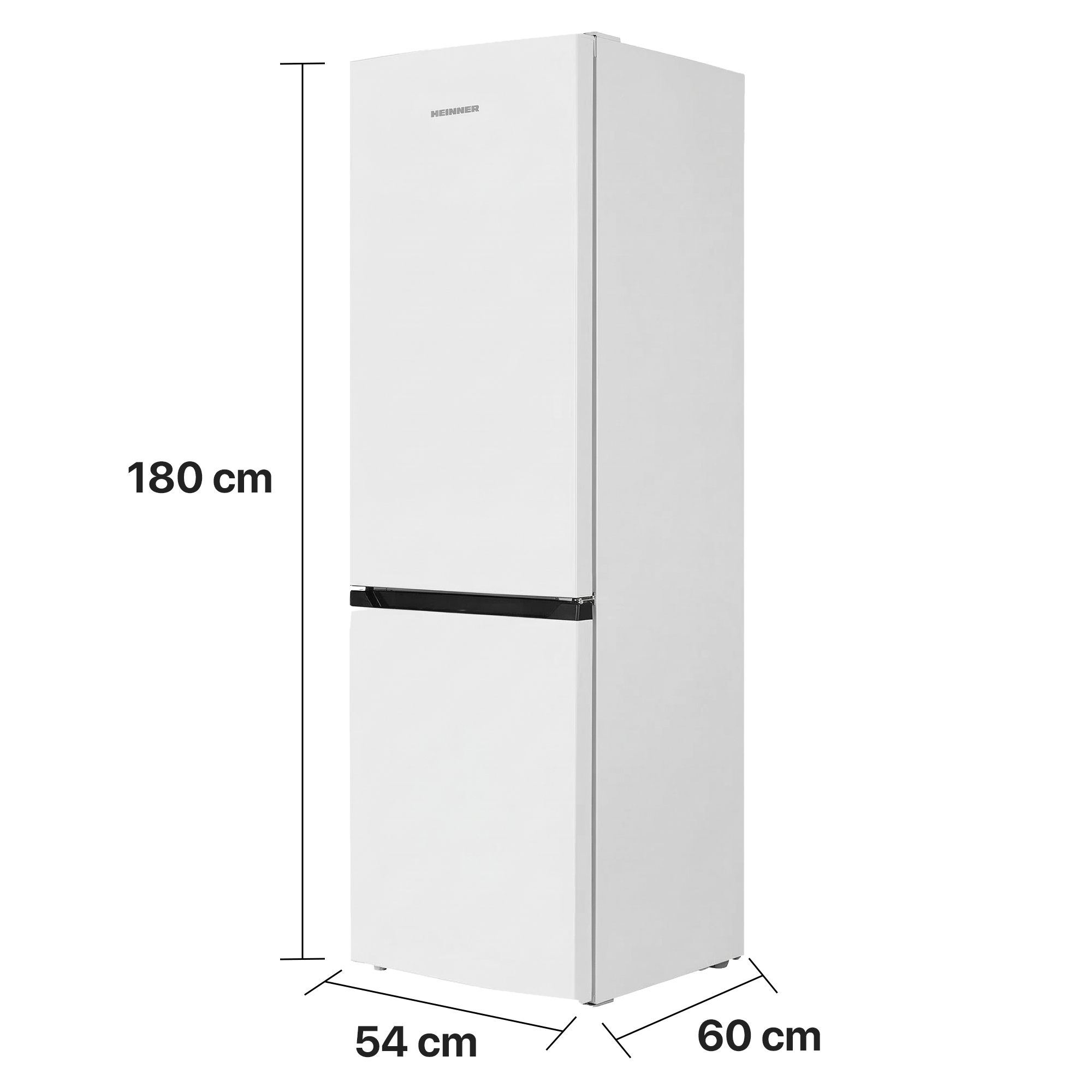 Ein weißer Kühlschrank mit Maßen 180x54x60 cm. Oben ist das HEINNER-Logo.