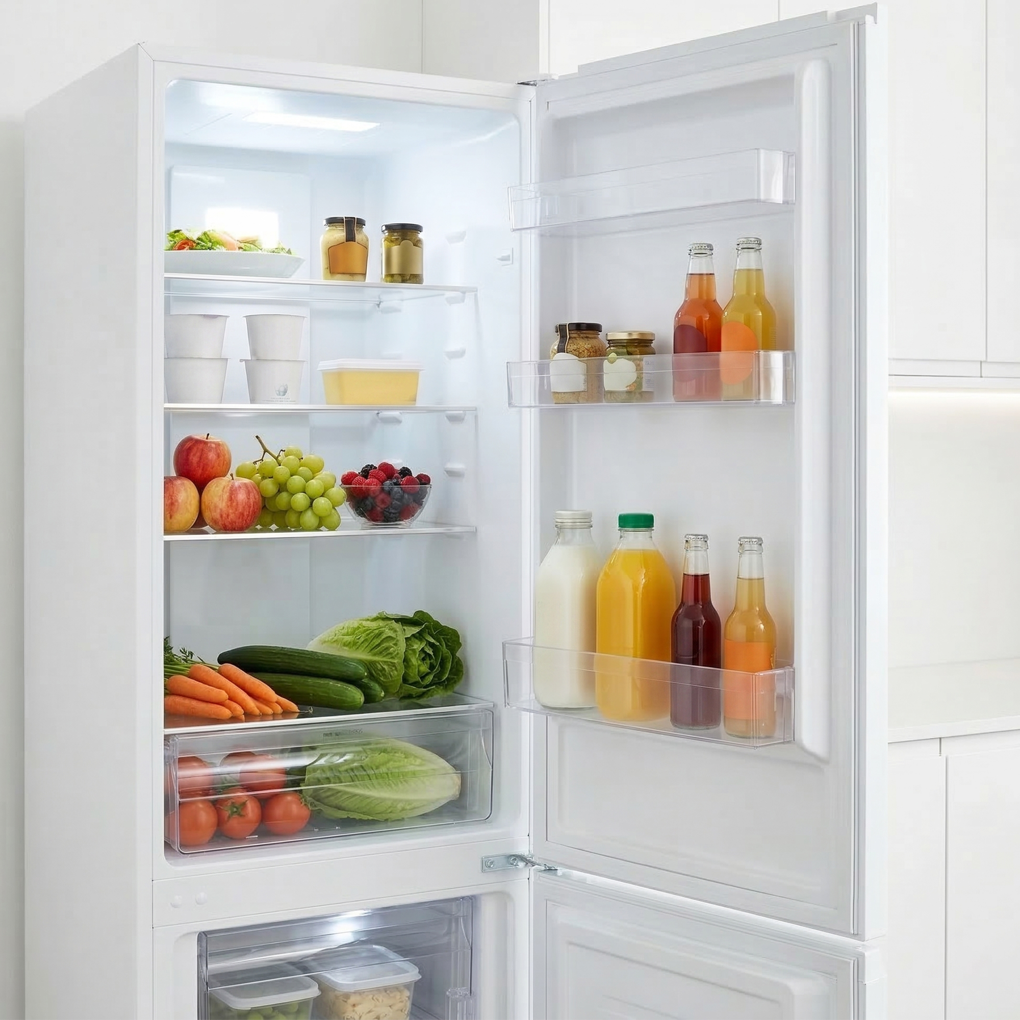 Offener weißer Kühlschrank mit Lebensmitteln: Obst, Gemüse, Getränke, Gläser, Behälter.
