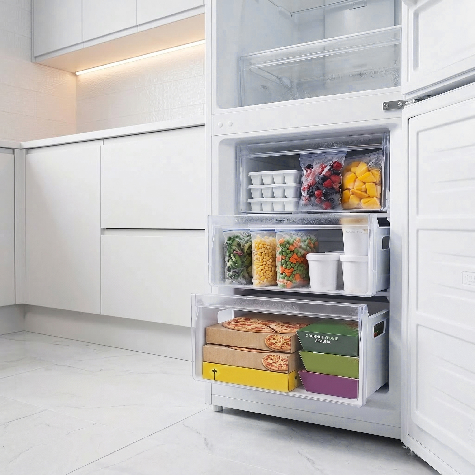 Gefrierschrank mit gefrorenen Lebensmitteln: Beeren, Mango, Gemüse, Pizza.