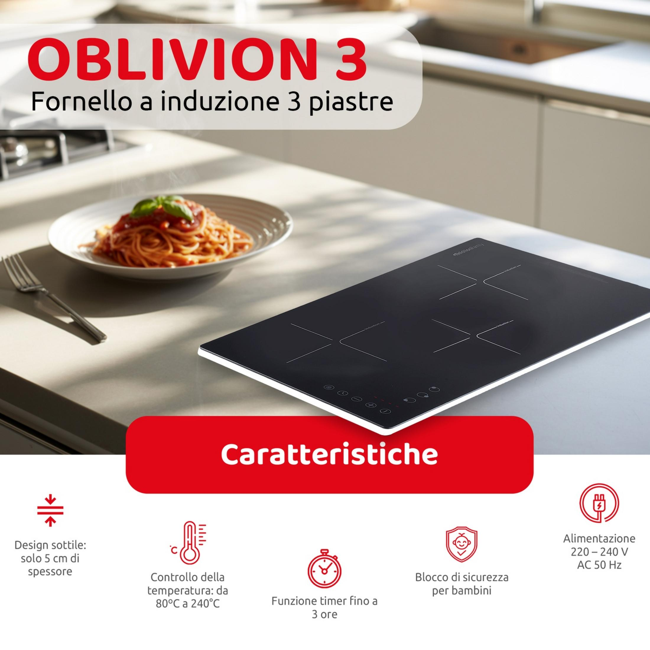 Placa de inducción negra con tres zonas y un plato de espaguetis.