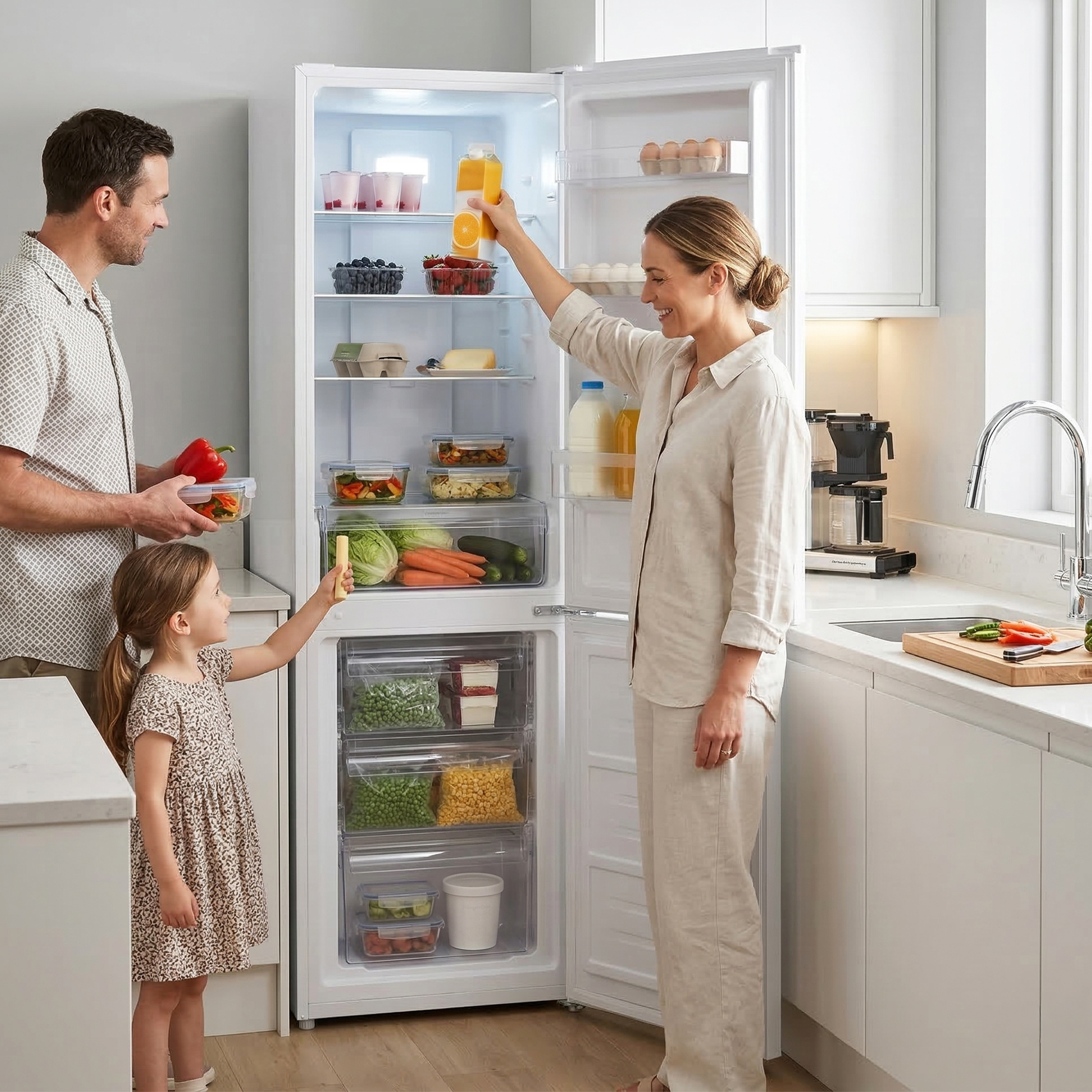 Familie an einem offenen Kühlschrank mit Lebensmitteln.