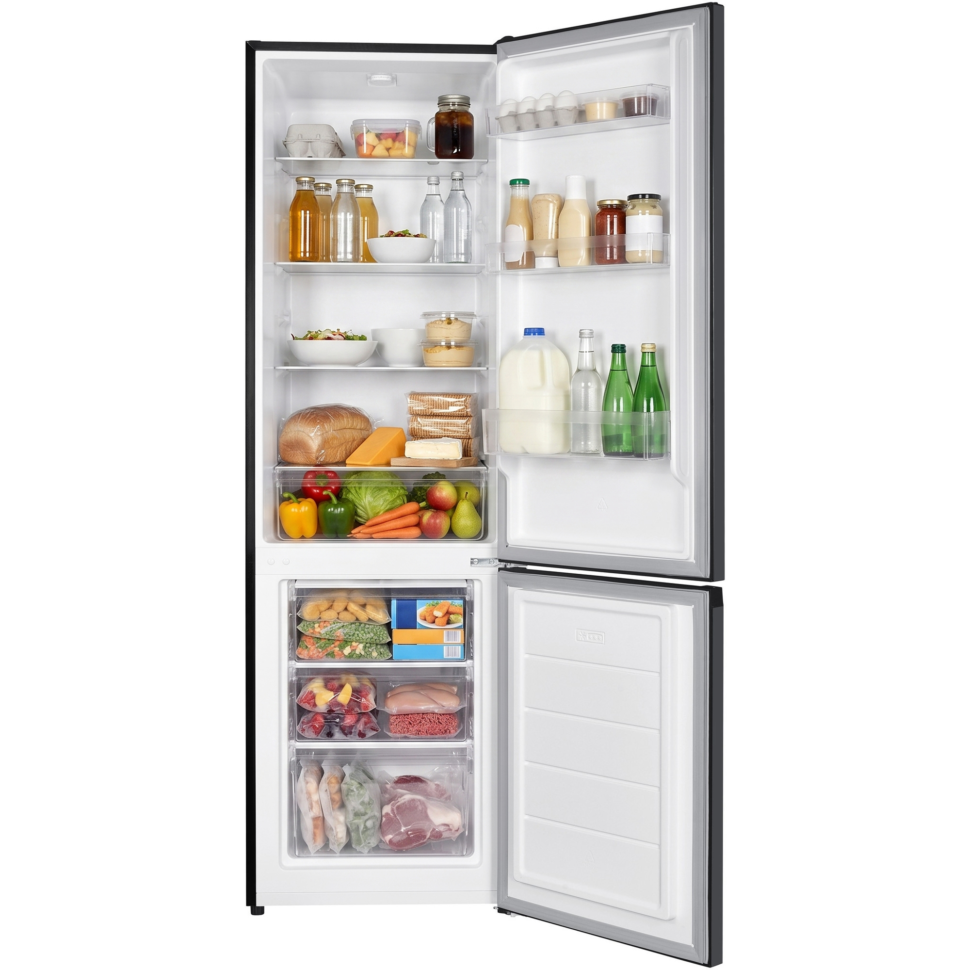Open refrigerator filled with food: drinks, eggs, fruit, vegetables, cheese, bread, and frozen items.