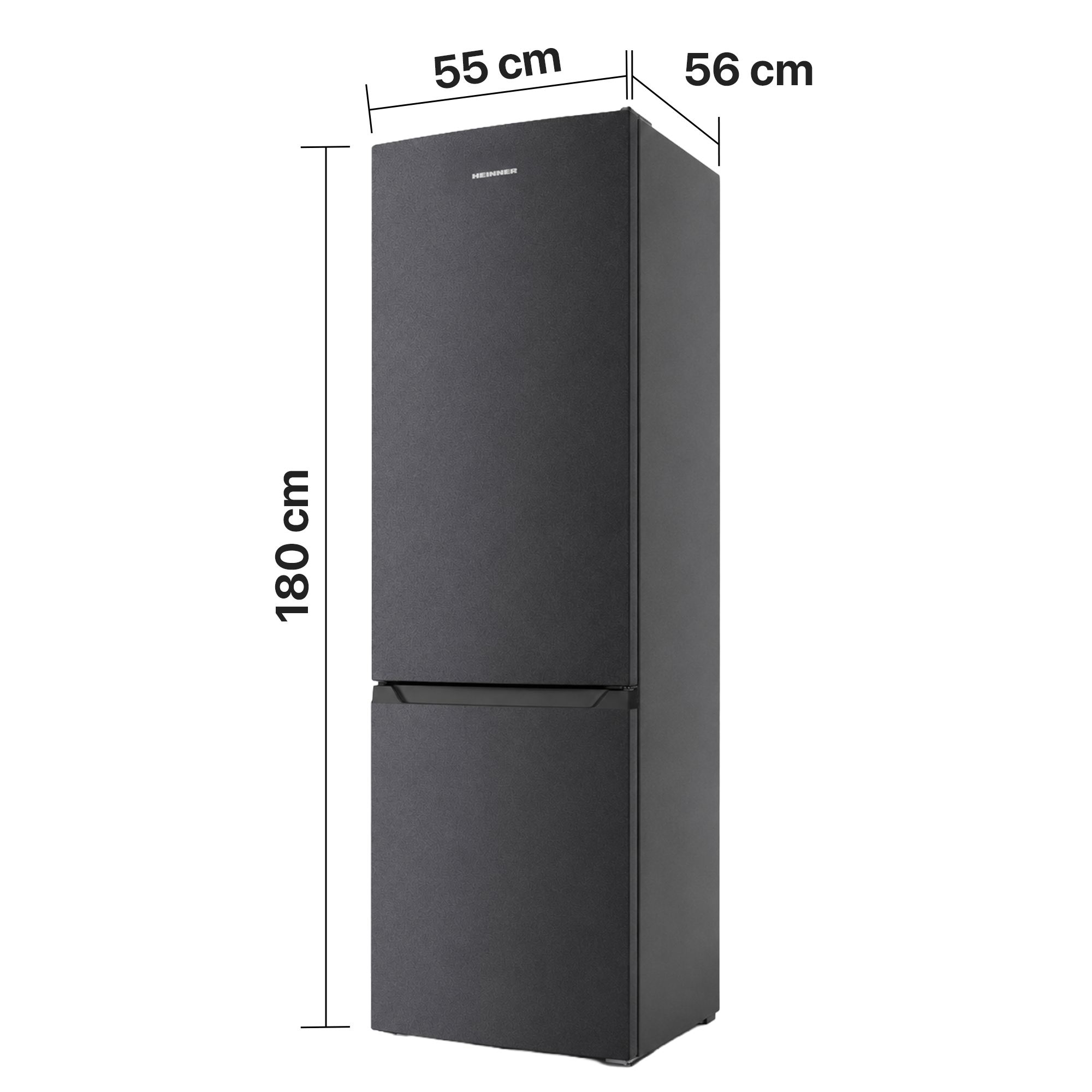 A dark grey refrigerator measures 180 cm high, 55 cm wide, and 56 cm deep.