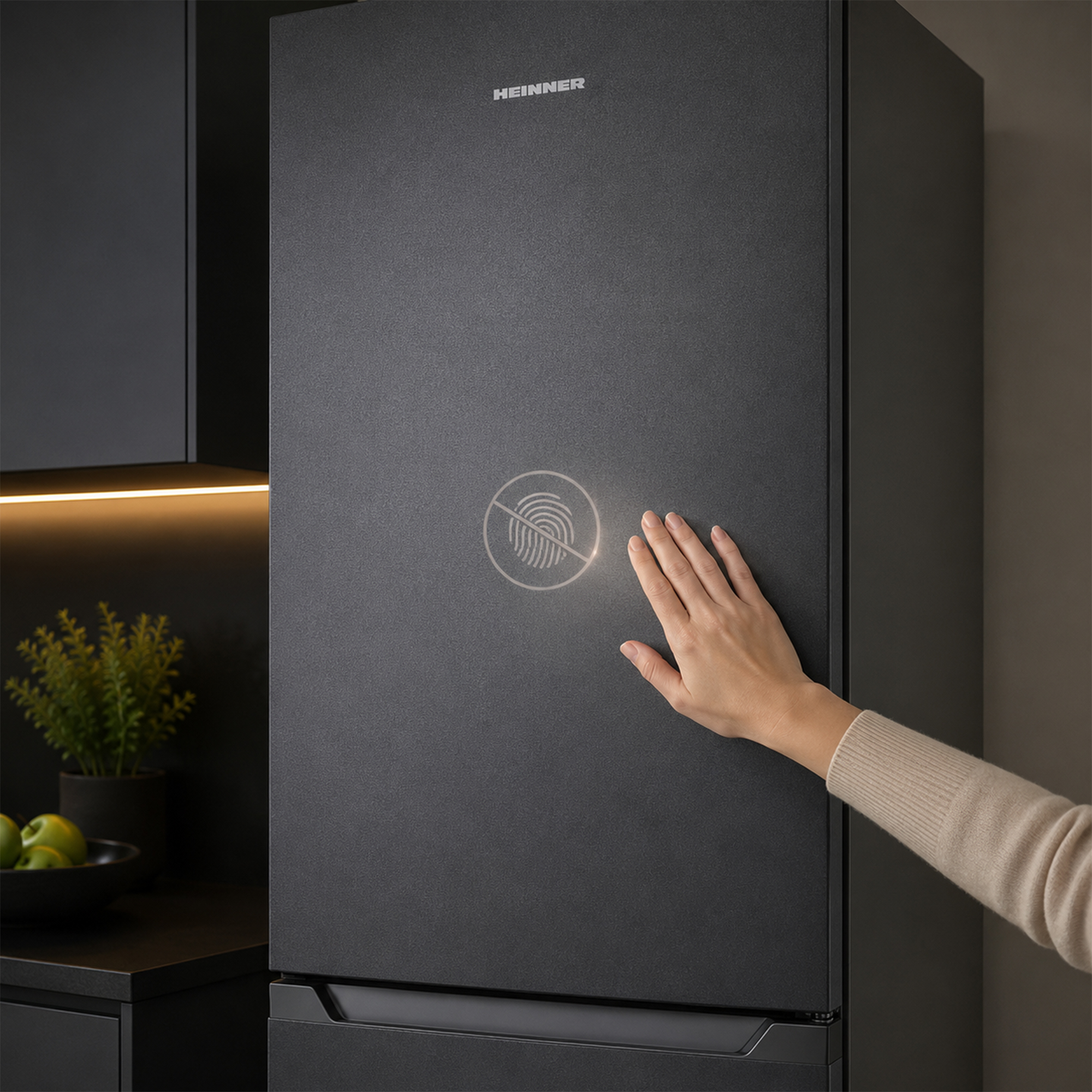 A hand touches a dark refrigerator with a fingerprint icon.