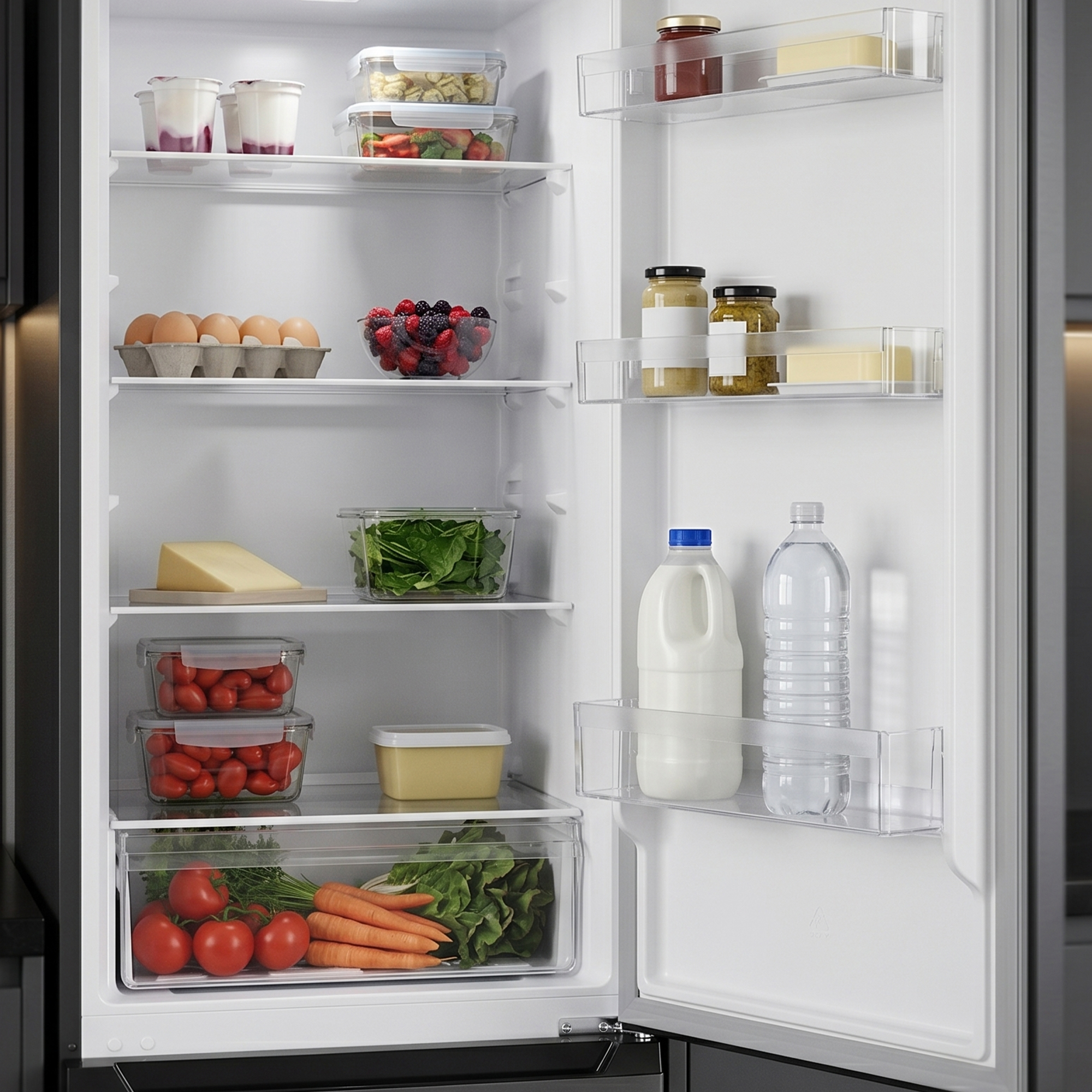 An open refrigerator showing yogurt, eggs, berries, cheese, vegetables, and drinks.