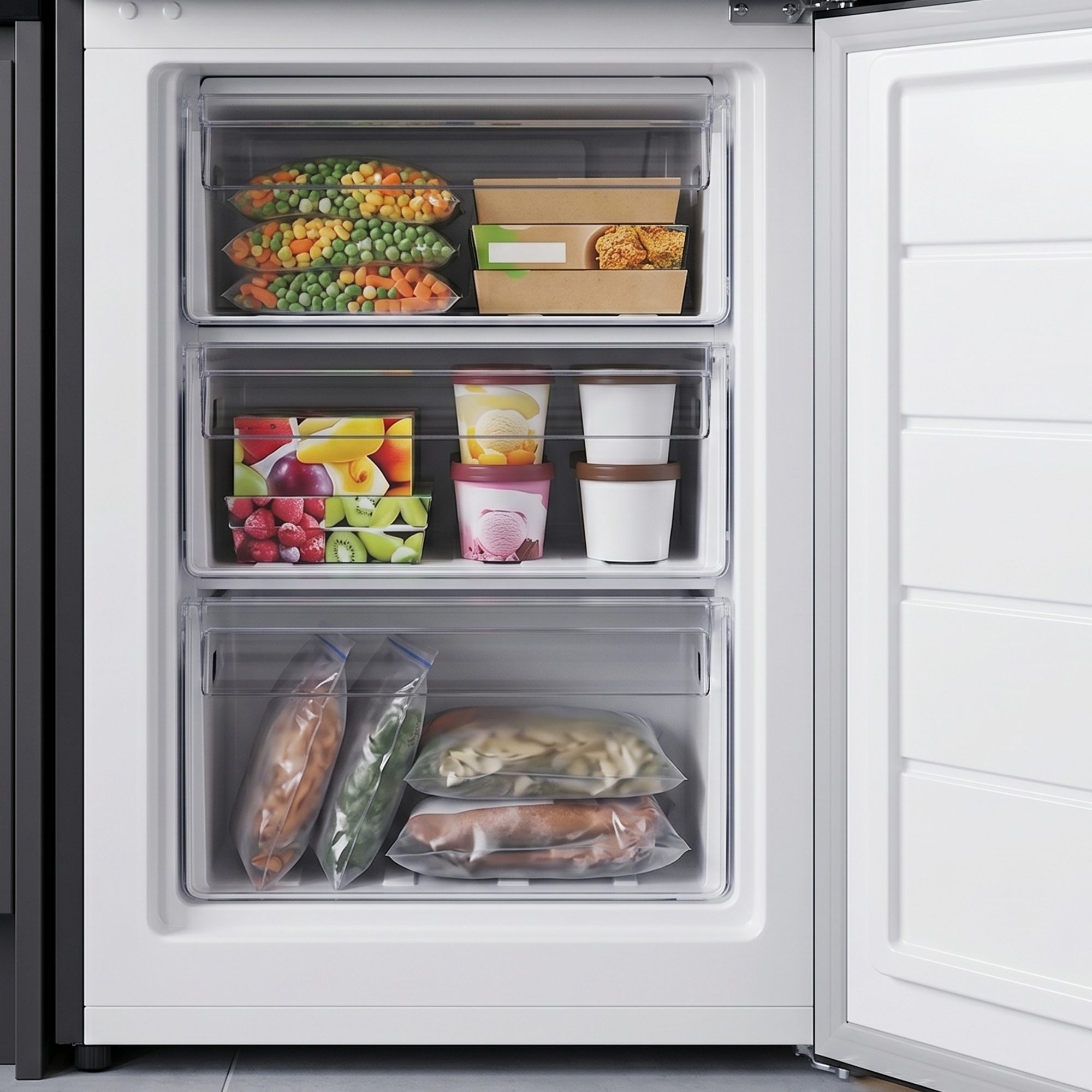 Freezer drawers with frozen food: vegetables, meals, and ice cream.