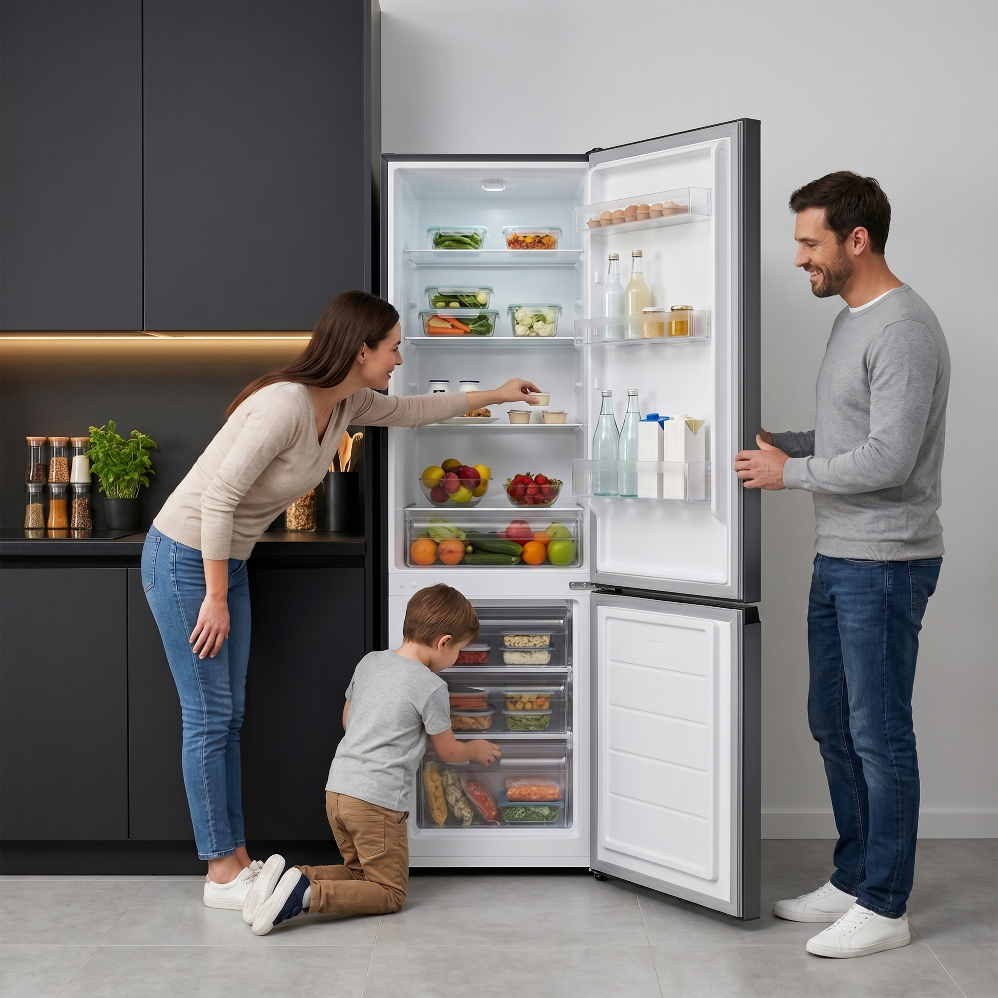 Family in kitchen looking at open fridge full of food