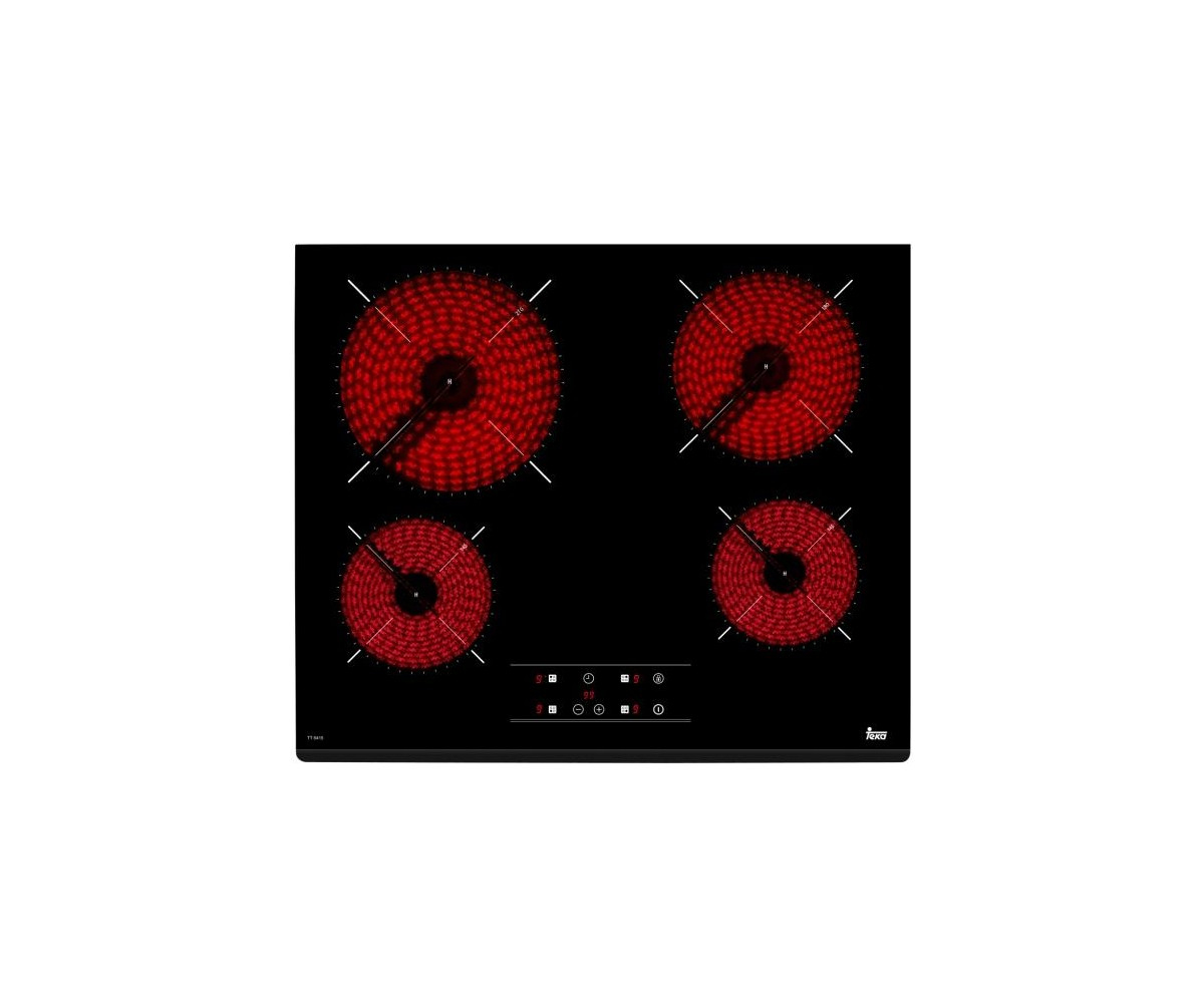 Placa de cocina negra con cuatro elementos calefactores rojos y panel táctil.