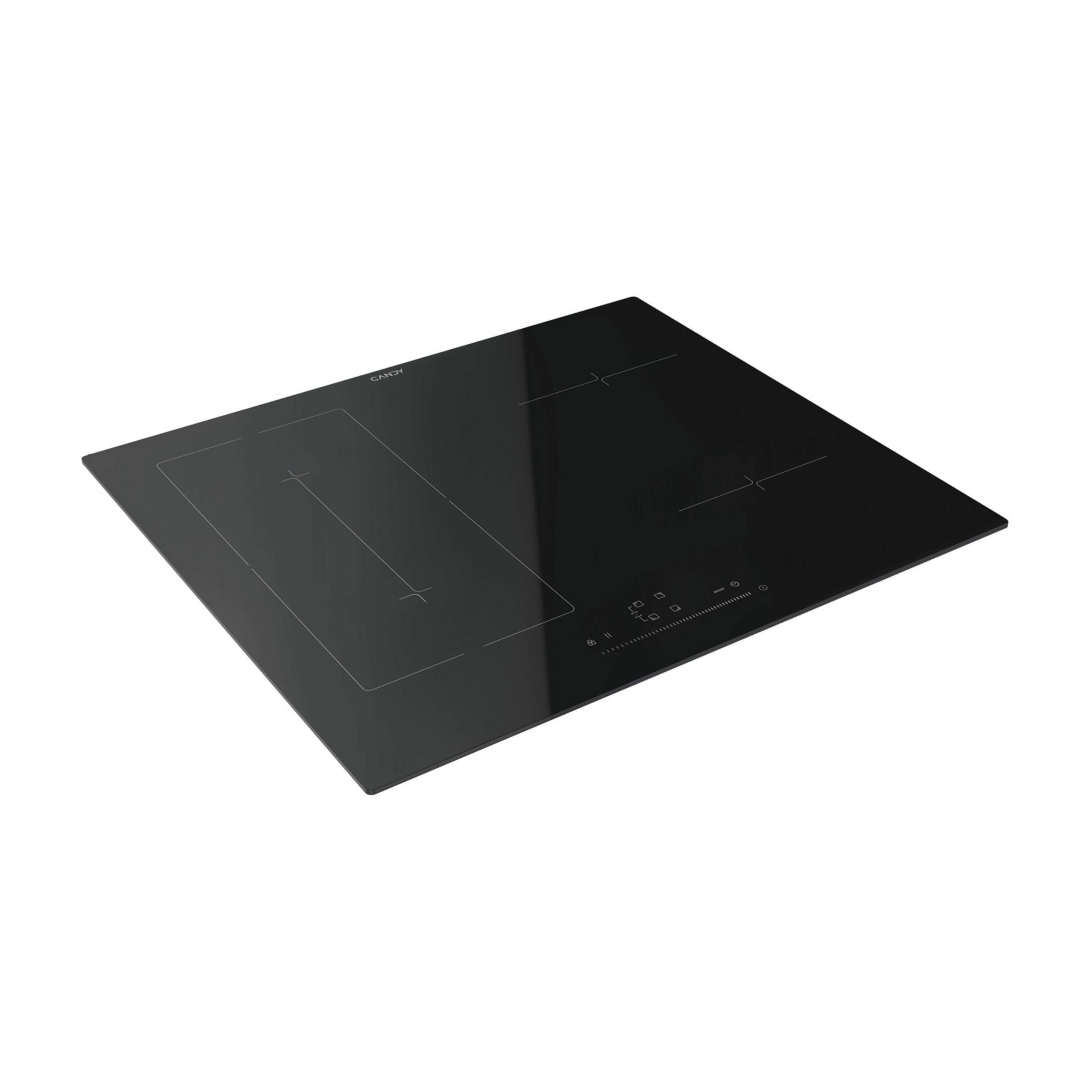 Black induction hob with touch controls and cooking zone markings.