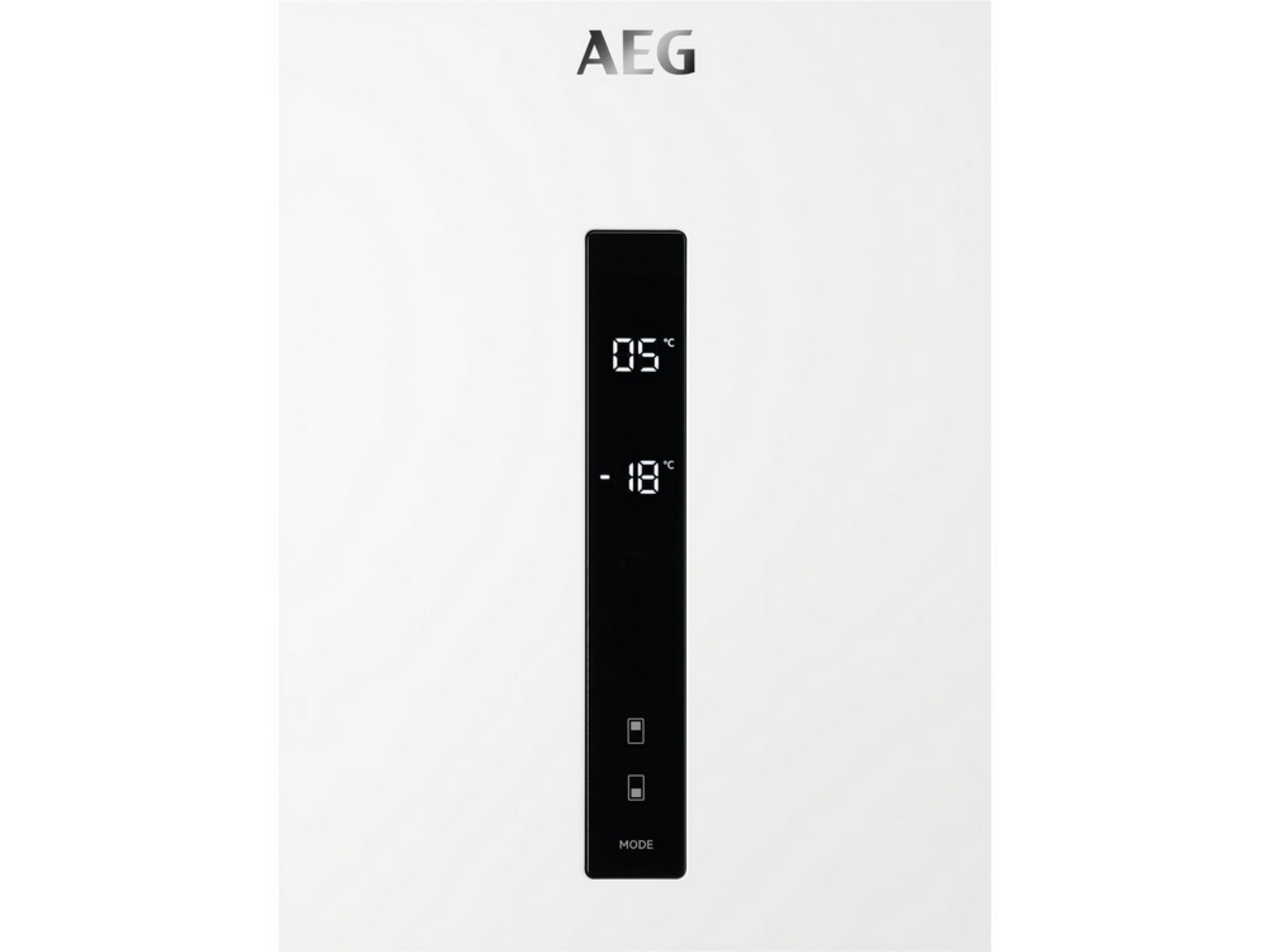 Logotipo AEG sobre fondo blanco con panel de control negro que muestra temperaturas.