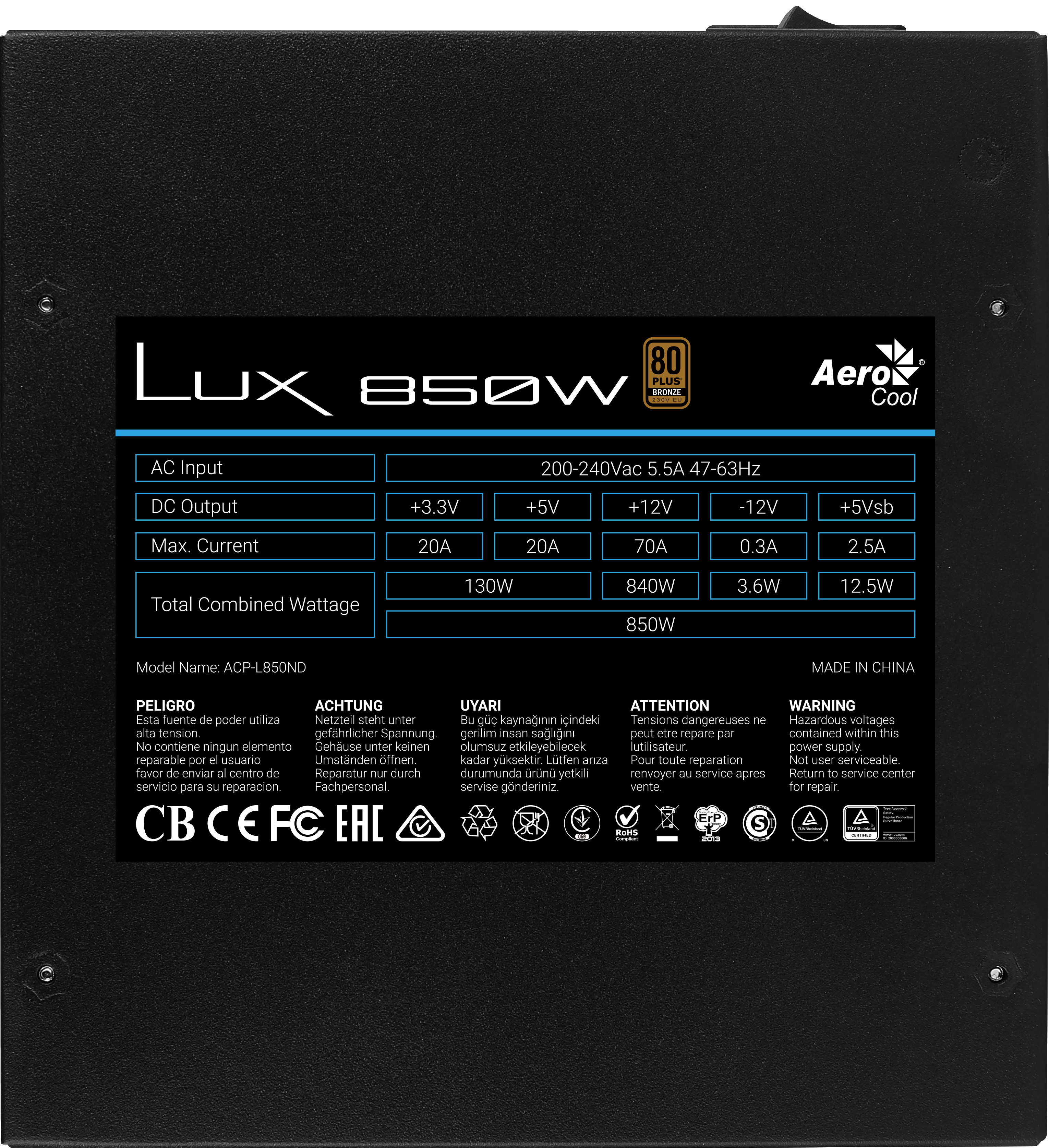 Czarny zasilacz z logo Aerocool, 850W, szczegółowymi specyfikacjami i ostrzeżeniami.